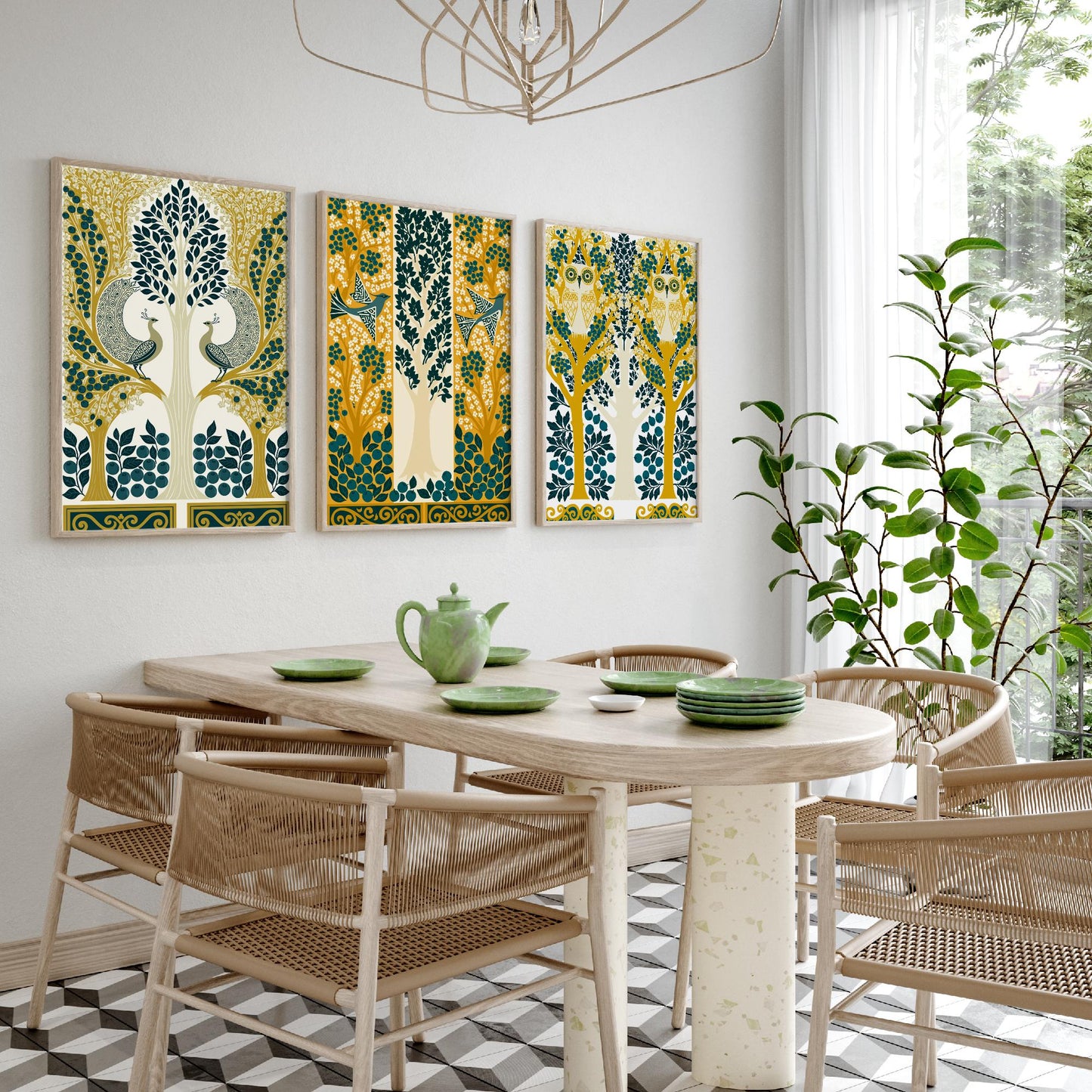 Scottish Book of the Woodlands Art Prints - Set of Three Teal & Gold Forest Posters - Peacock and Owl Paintings V9