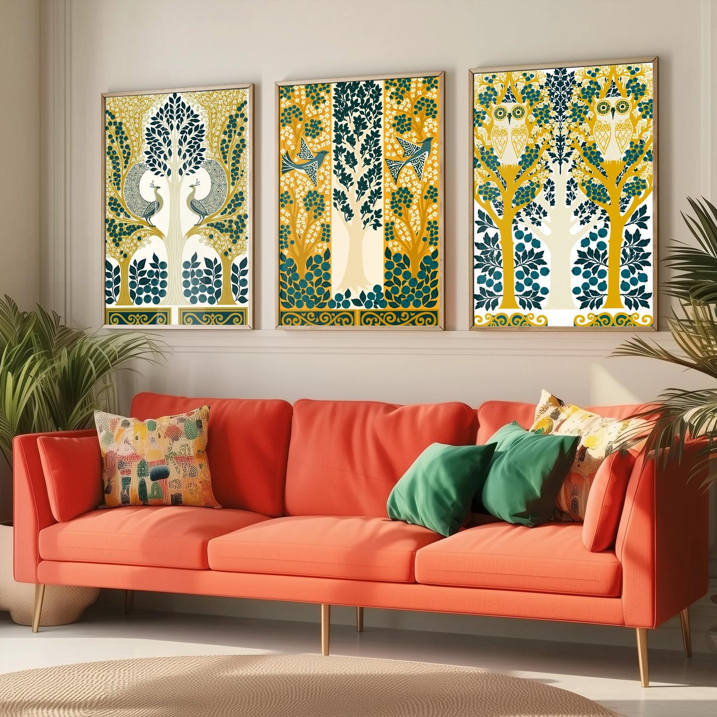 Scottish Book of the Woodlands Art Prints - Set of Three Teal & Gold Forest Posters - Peacock and Owl Paintings V9