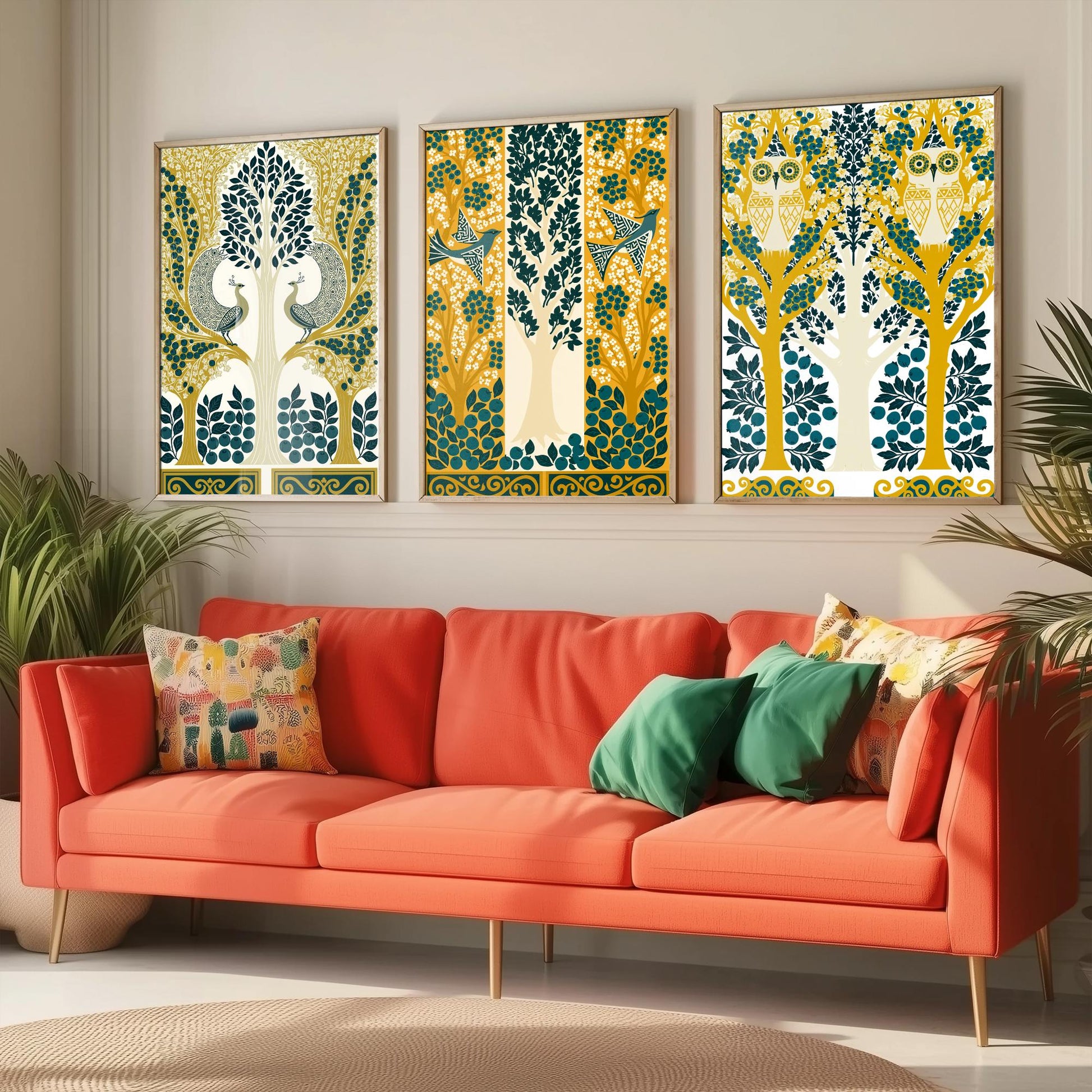 Scottish Book of the Woodlands Art Prints - Set of Three Teal & Gold Forest Posters - Peacock and Owl Paintings V9