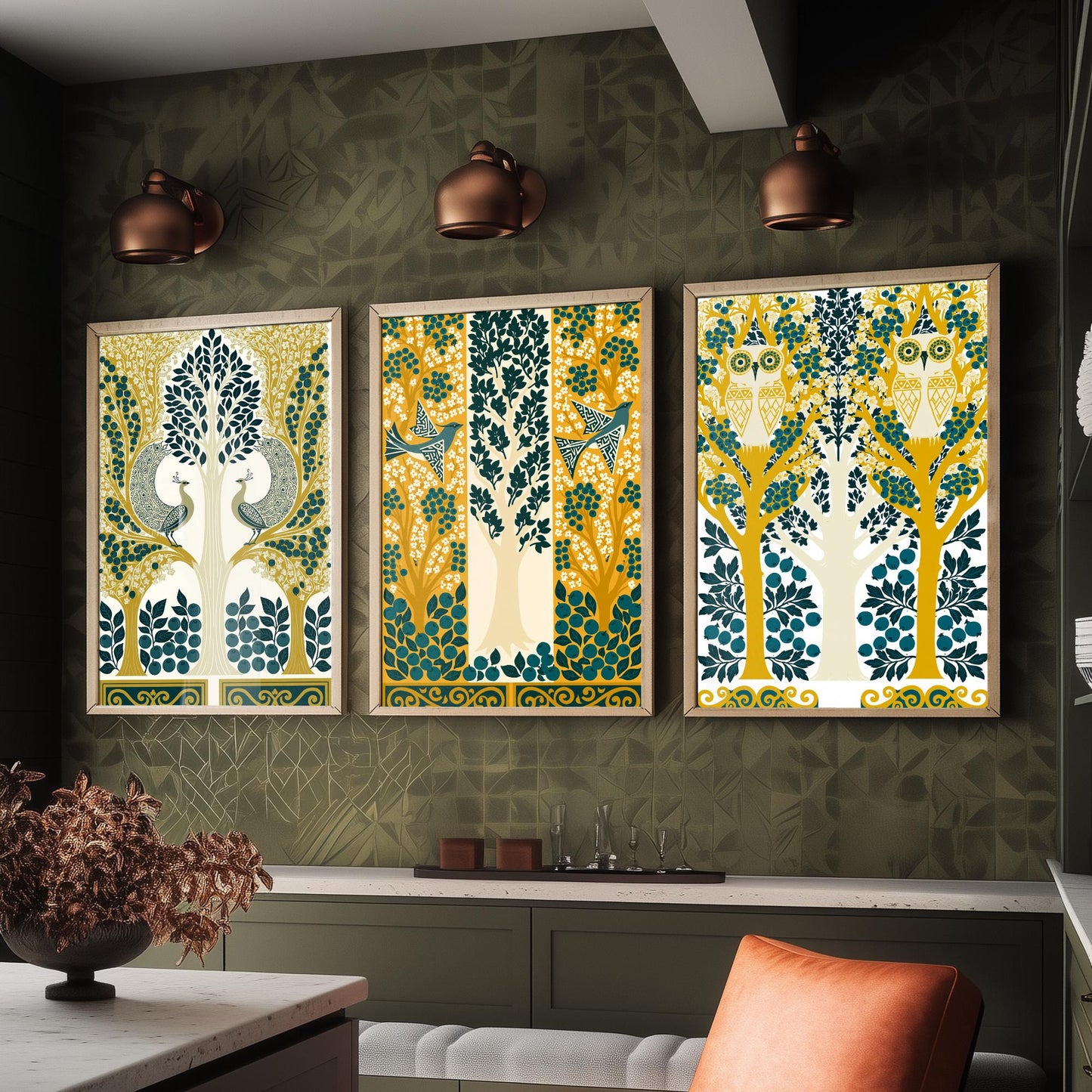 Scottish Book of the Woodlands Art Prints - Set of Three Teal & Gold Forest Posters - Peacock and Owl Paintings V9
