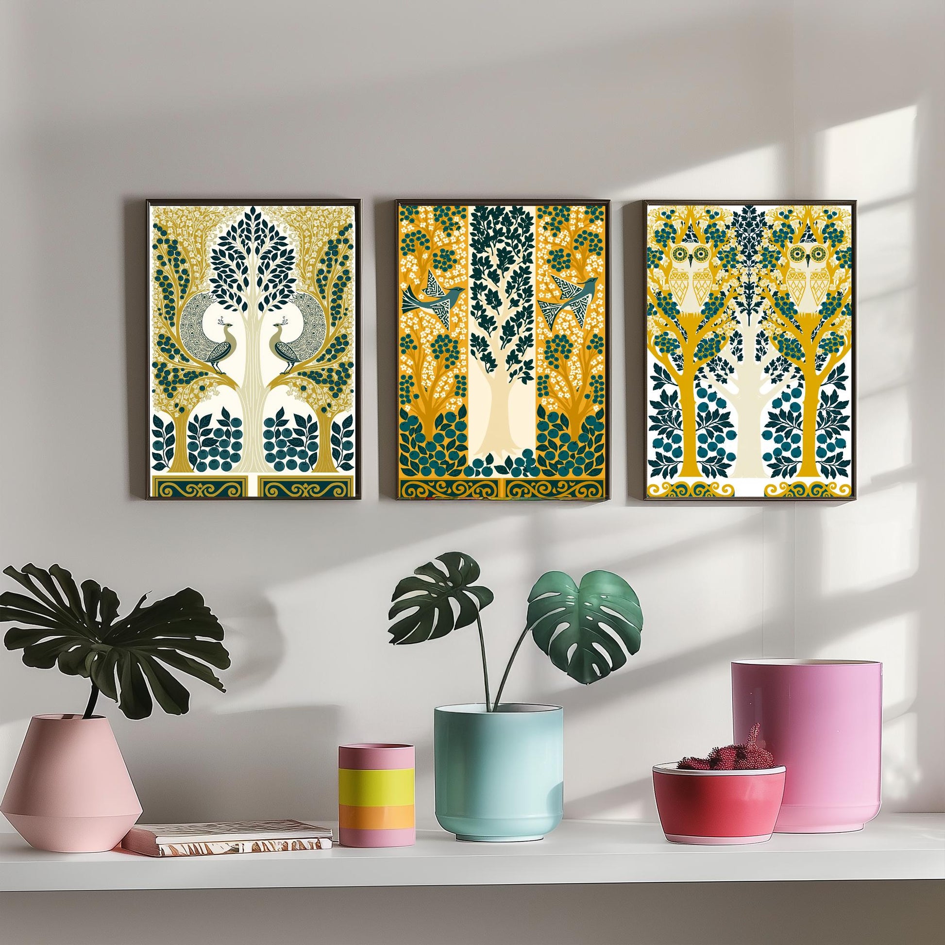 Scottish Book of the Woodlands Art Prints - Set of Three Teal & Gold Forest Posters - Peacock and Owl Paintings V9