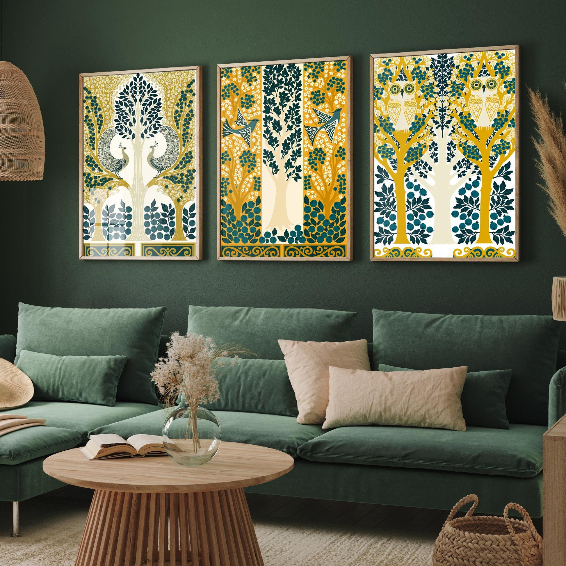 Scottish Book of the Woodlands Art Prints - Set of Three Teal & Gold Forest Posters - Peacock and Owl Paintings V9