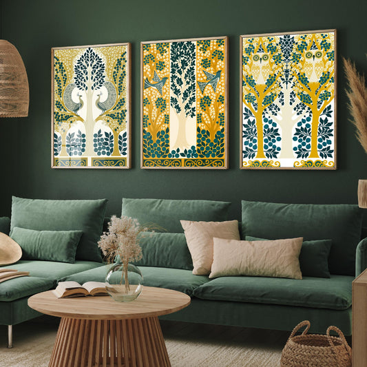 Scottish Book of the Woodlands Art Prints - Set of Three Teal & Gold Forest Posters - Peacock and Owl Paintings V9