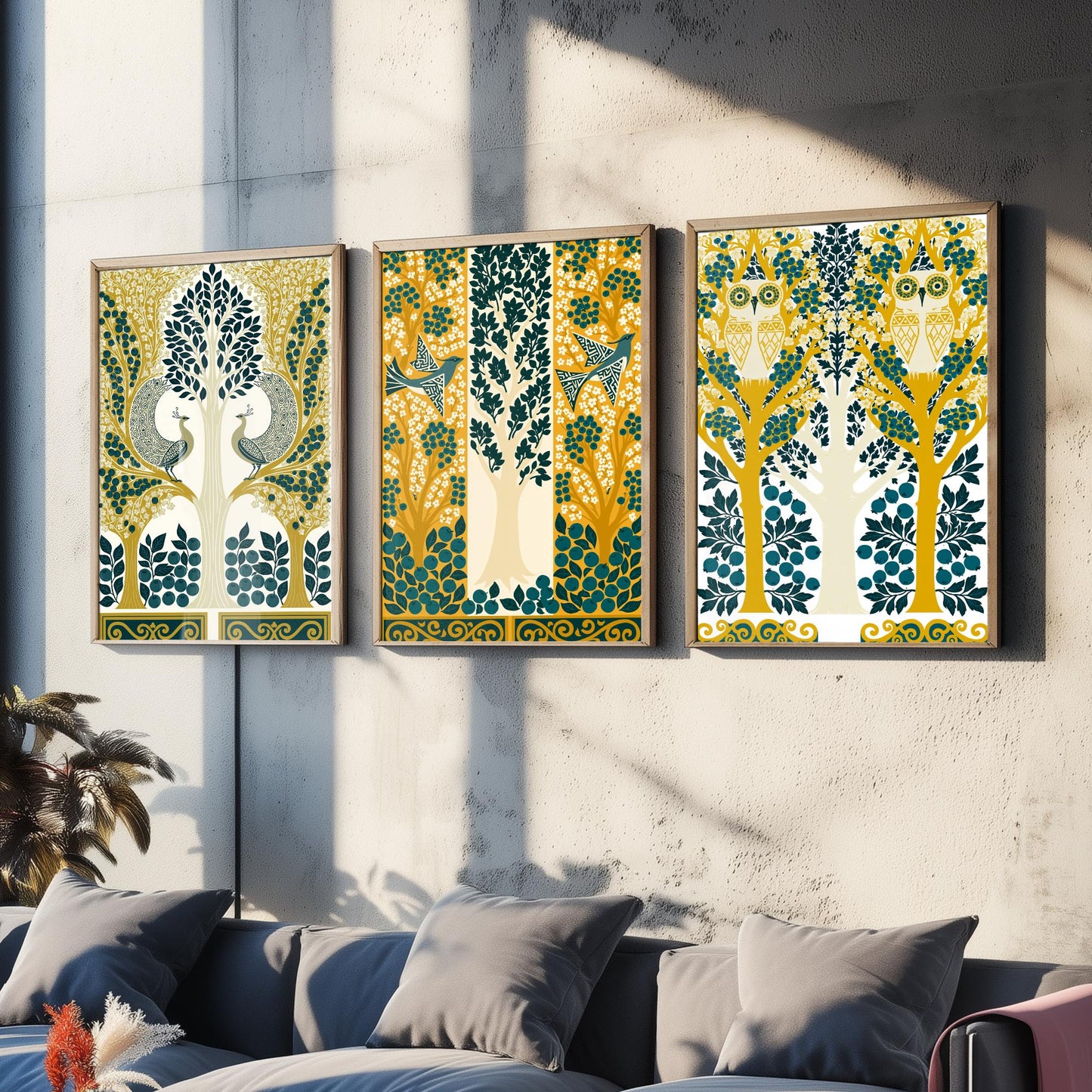 Scottish Book of the Woodlands Art Prints - Set of Three Teal & Gold Forest Posters - Peacock and Owl Paintings V9