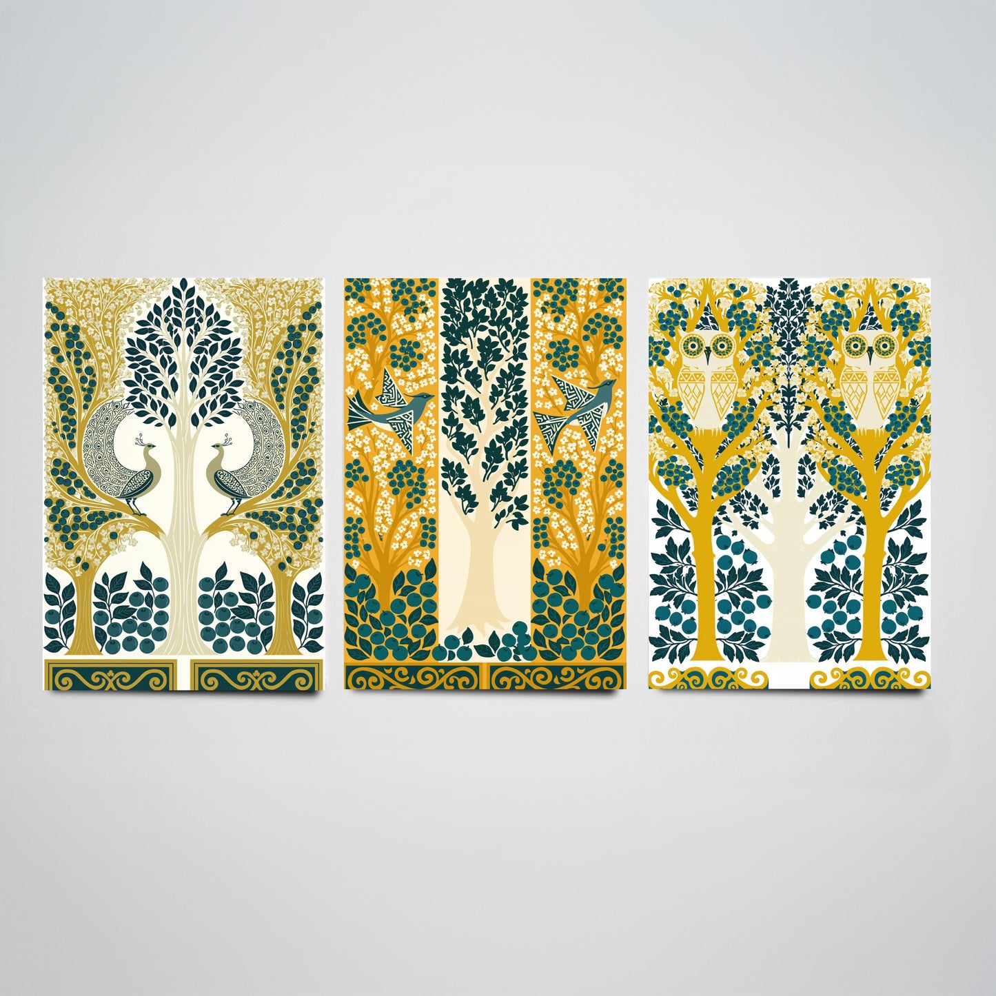 Scottish Book of the Woodlands Art Prints - Set of Three Teal & Gold Forest Posters - Peacock and Owl Paintings V9