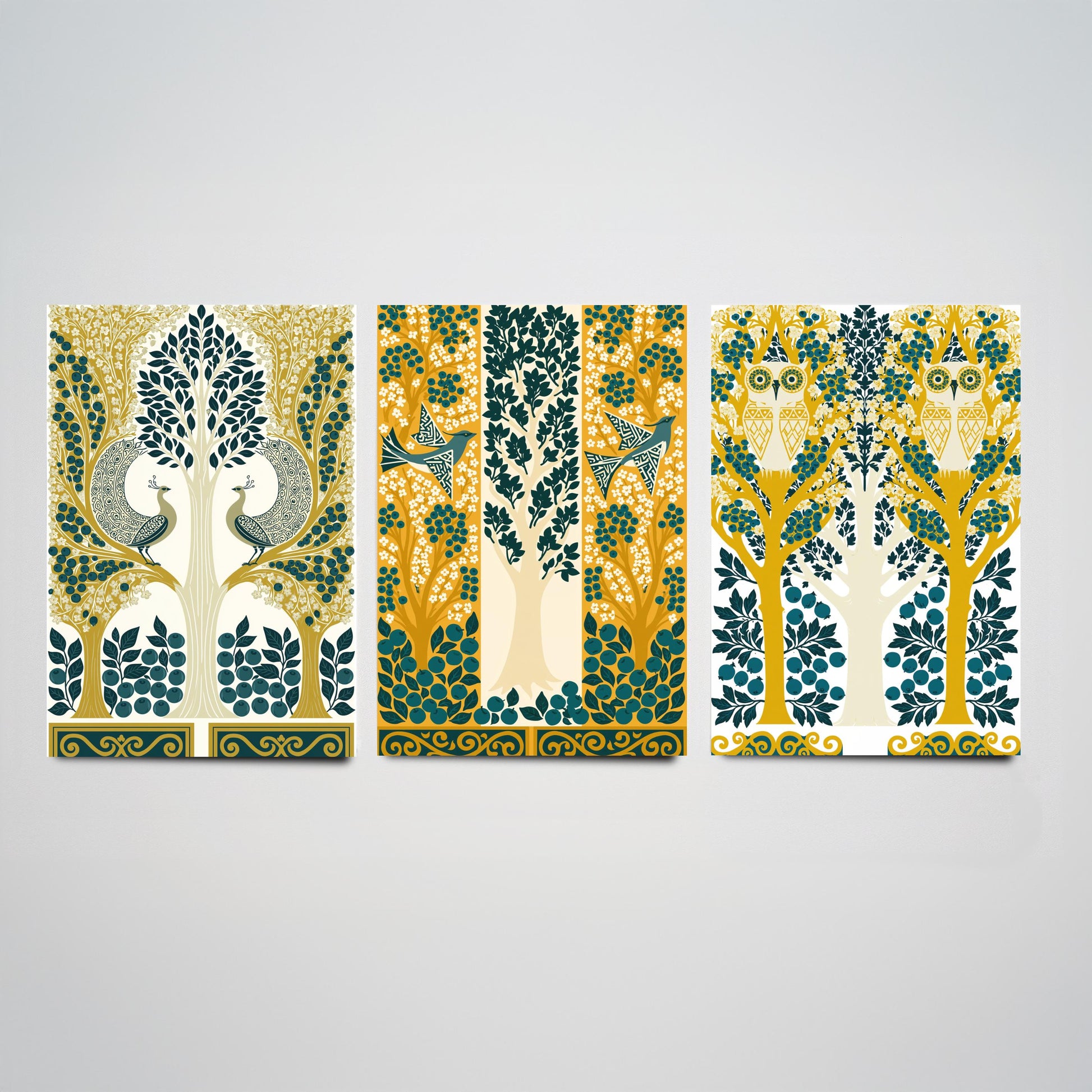 Scottish Book of the Woodlands Art Prints - Set of Three Teal & Gold Forest Posters - Peacock and Owl Paintings V9