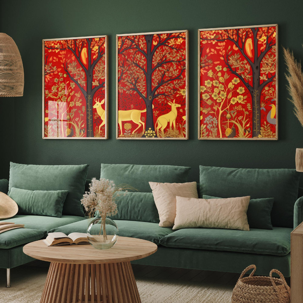 Scottish Woodland Folk Art Set of Three Art Prints - Golden Deer under Red Trees - Tapestry Style Poster Illustration