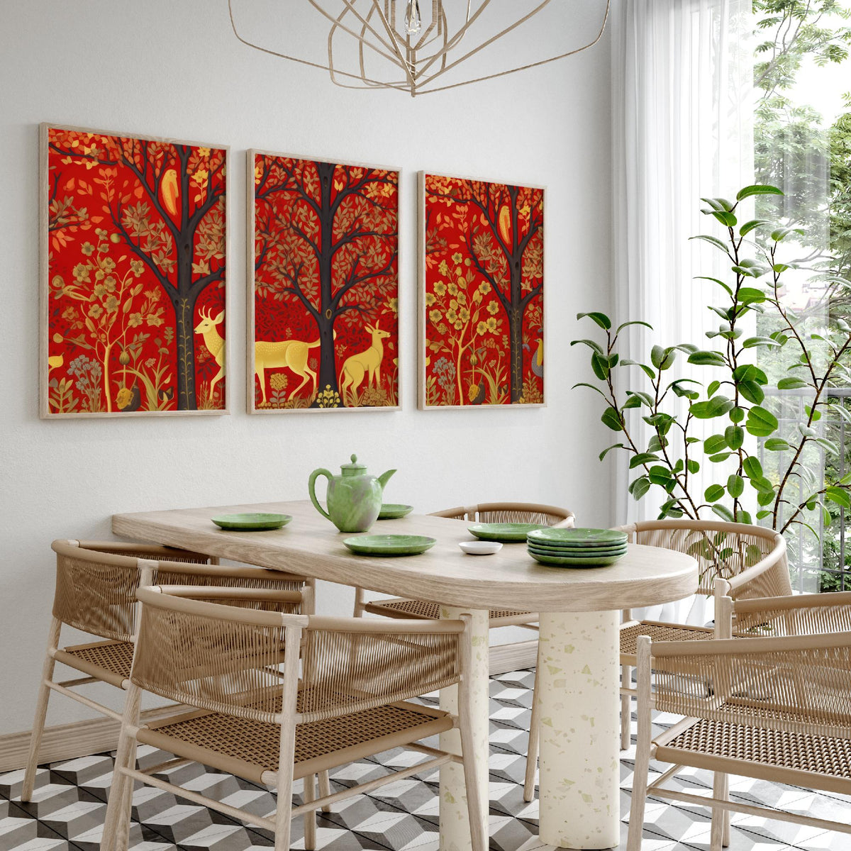 Scottish Woodland Folk Art Set of Three Art Prints - Golden Deer under Red Trees - Tapestry Style Poster Illustration