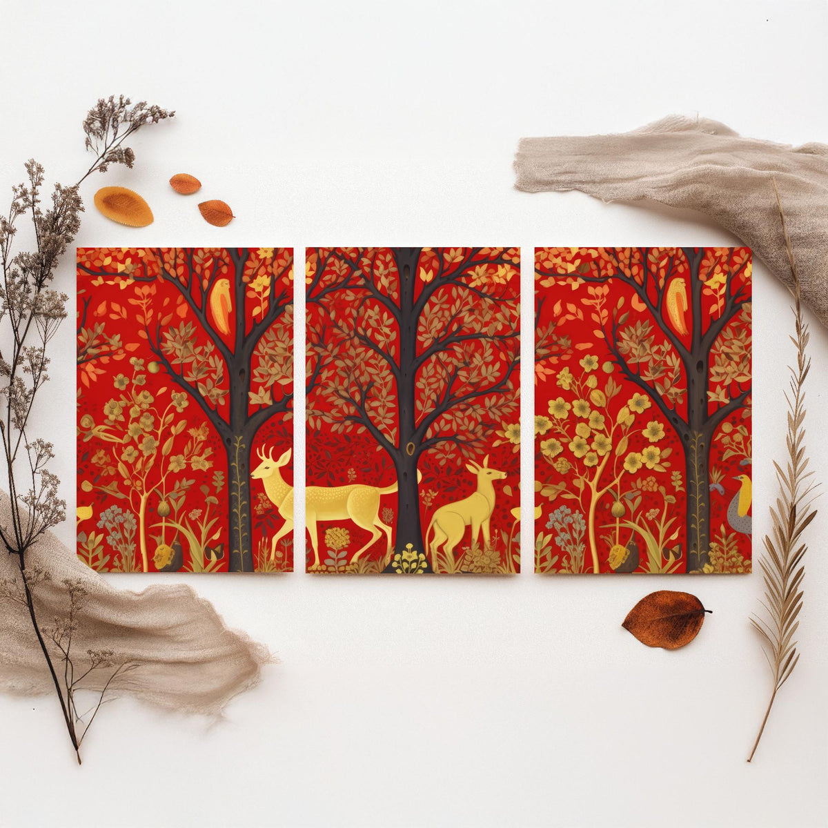 Scottish Woodland Folk Art Set of Three Art Prints - Golden Deer under Red Trees - Tapestry Style Poster Illustration