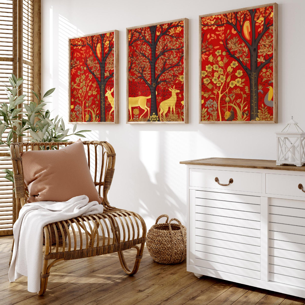 Scottish Woodland Folk Art Set of Three Art Prints - Golden Deer under Red Trees - Tapestry Style Poster Illustration