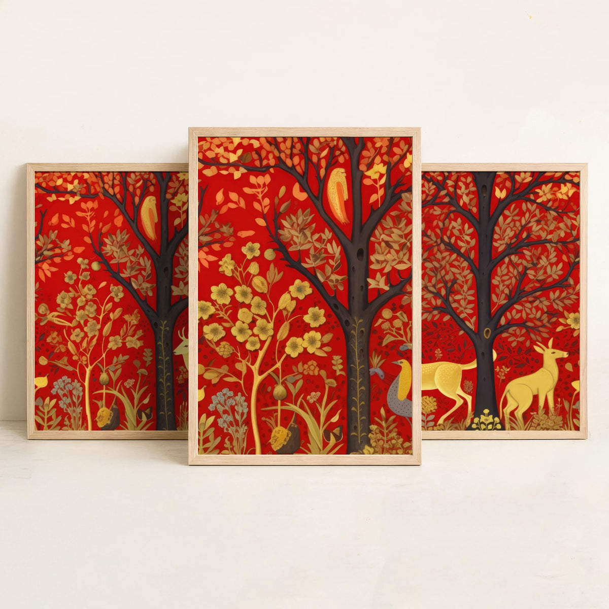 Scottish Woodland Folk Art Set of Three Art Prints - Golden Deer under Red Trees - Tapestry Style Poster Illustration