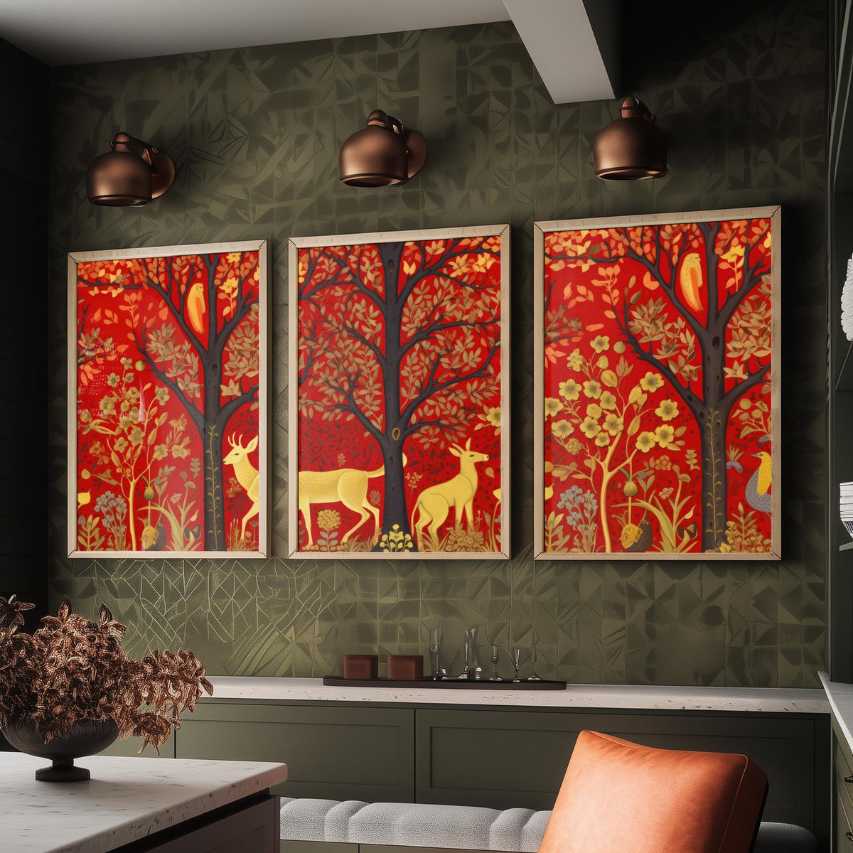 Scottish Woodland Folk Art Set of Three Art Prints - Golden Deer under Red Trees - Tapestry Style Poster Illustration