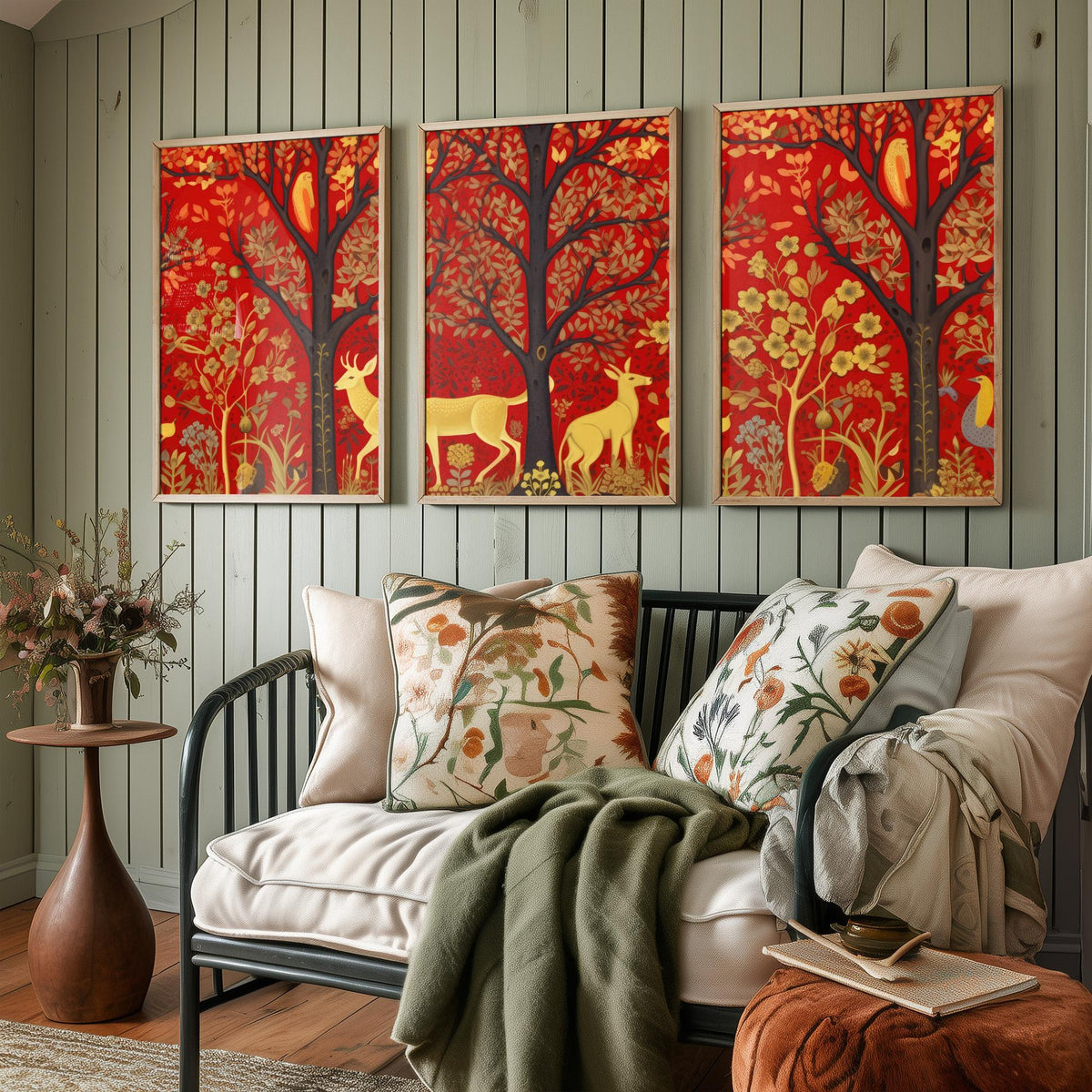 Scottish Woodland Folk Art Set of Three Art Prints - Golden Deer under Red Trees - Tapestry Style Poster Illustration