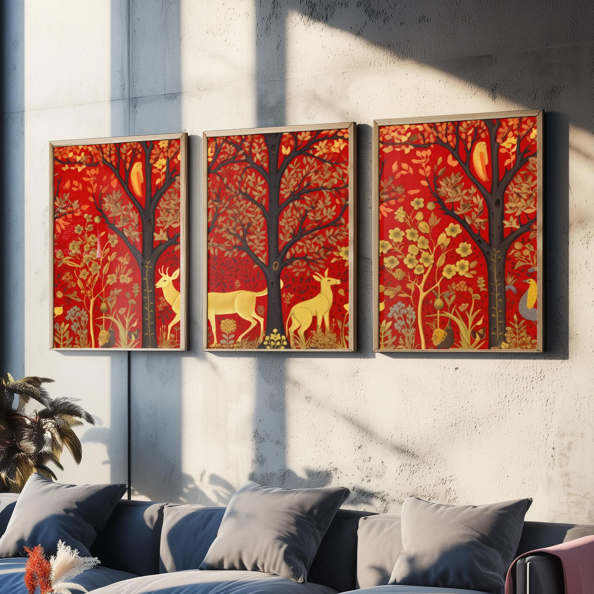 Scottish Woodland Folk Art Set of Three Art Prints - Golden Deer under Red Trees - Tapestry Style Poster Illustration