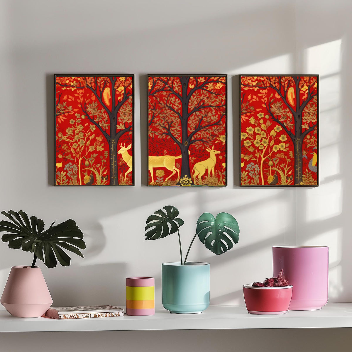 Scottish Woodland Folk Art Set of Three Art Prints - Golden Deer under Red Trees - Tapestry Style Poster Illustration