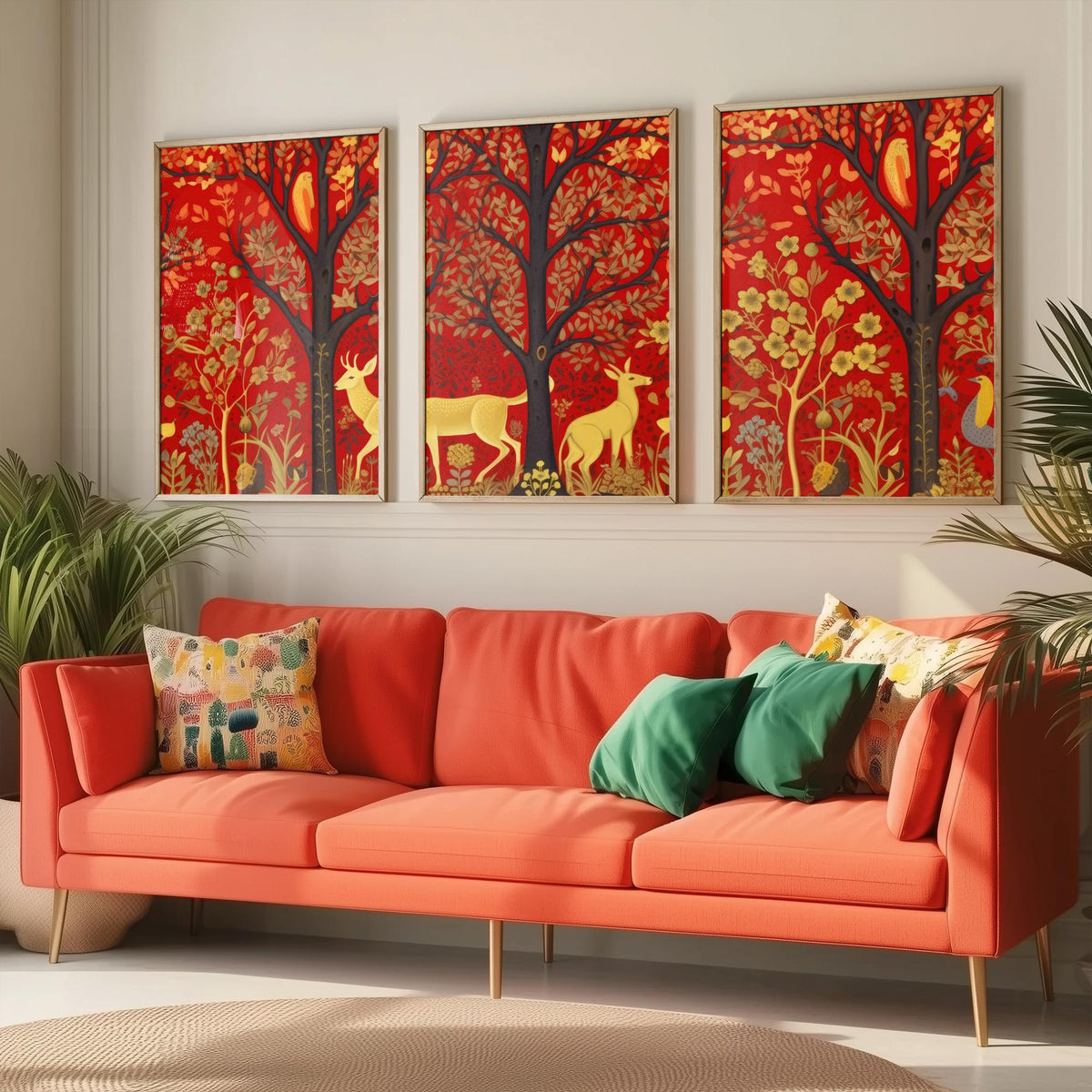Scottish Woodland Folk Art Set of Three Art Prints - Golden Deer under Red Trees - Tapestry Style Poster Illustration