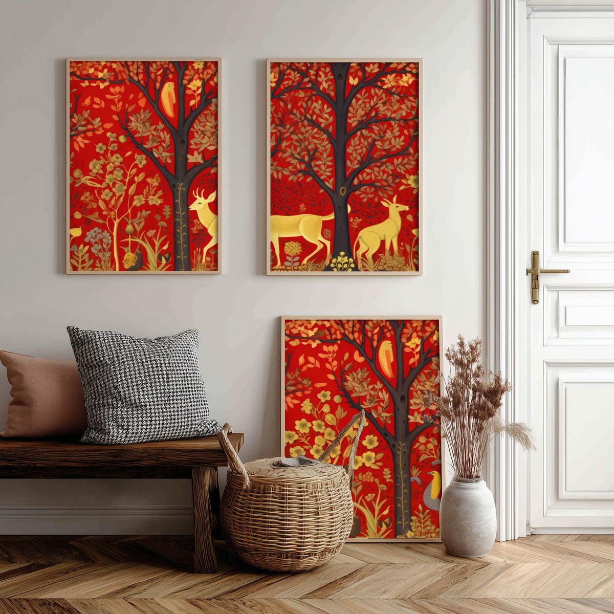 Scottish Woodland Folk Art Set of Three Art Prints - Golden Deer under Red Trees - Tapestry Style Poster Illustration