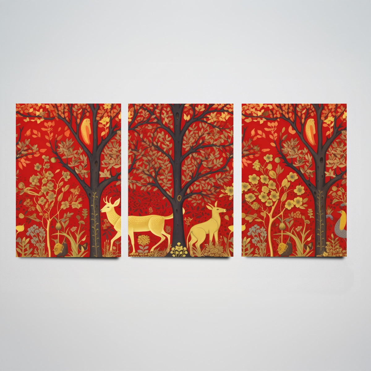 Scottish Woodland Folk Art Set of Three Art Prints - Golden Deer under Red Trees - Tapestry Style Poster Illustration