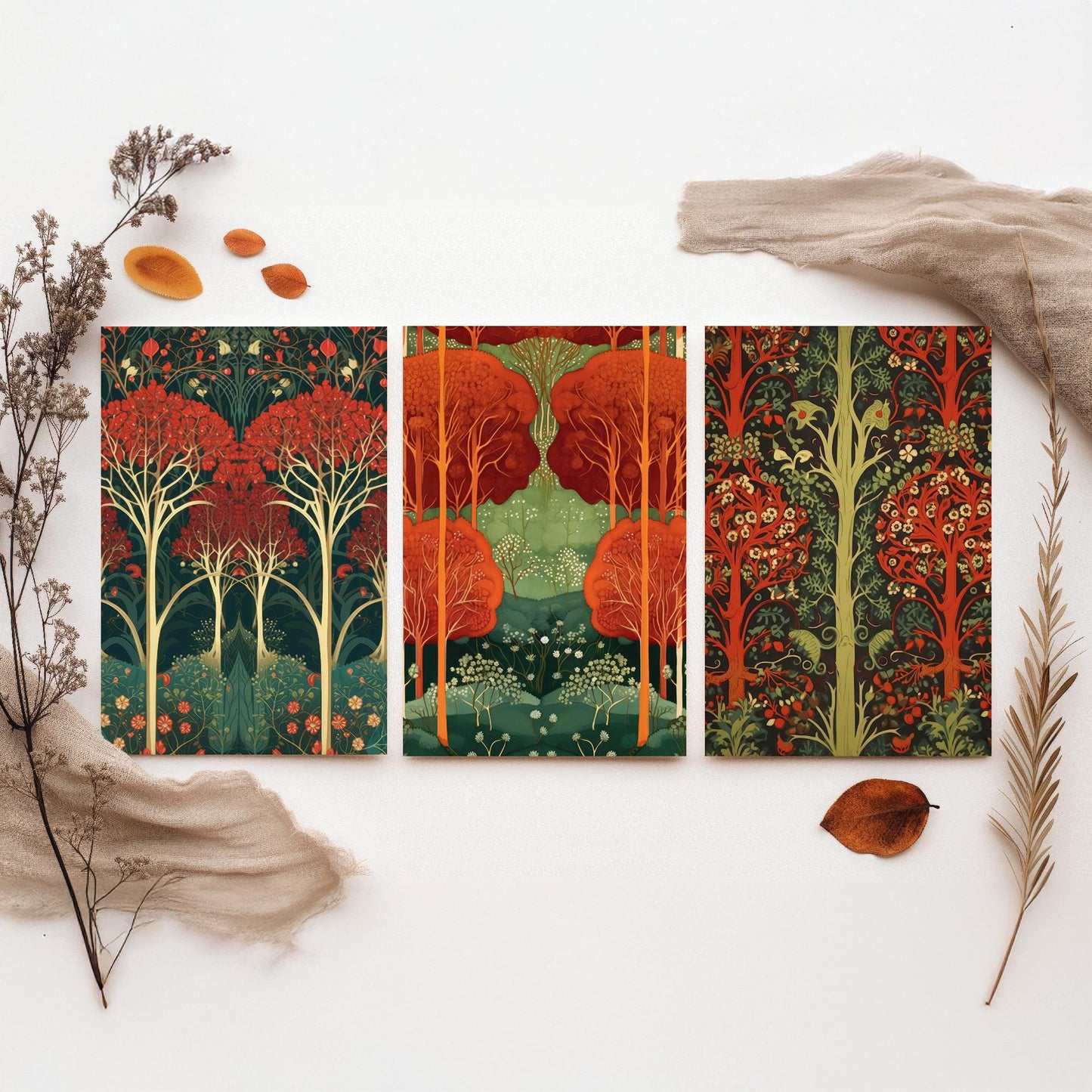 Scottish Book of the Woodlands Set of Three Art Prints - Ruby and Emerald Forest Posters - Fox Robin Bird Illustration