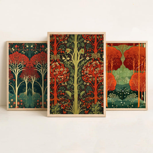 Scottish Book of the Woodlands Set of Three Art Prints - Ruby and Emerald Forest Posters - Fox Robin Bird Illustration