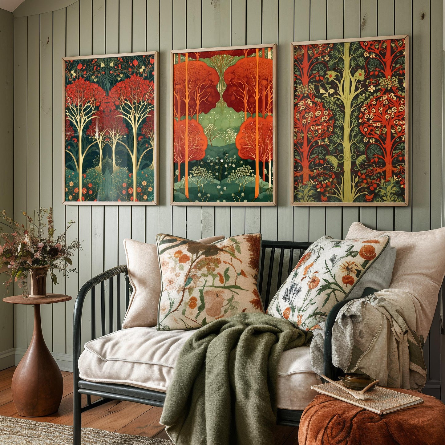 Scottish Book of the Woodlands Set of Three Art Prints - Ruby and Emerald Forest Posters - Fox Robin Bird Illustration
