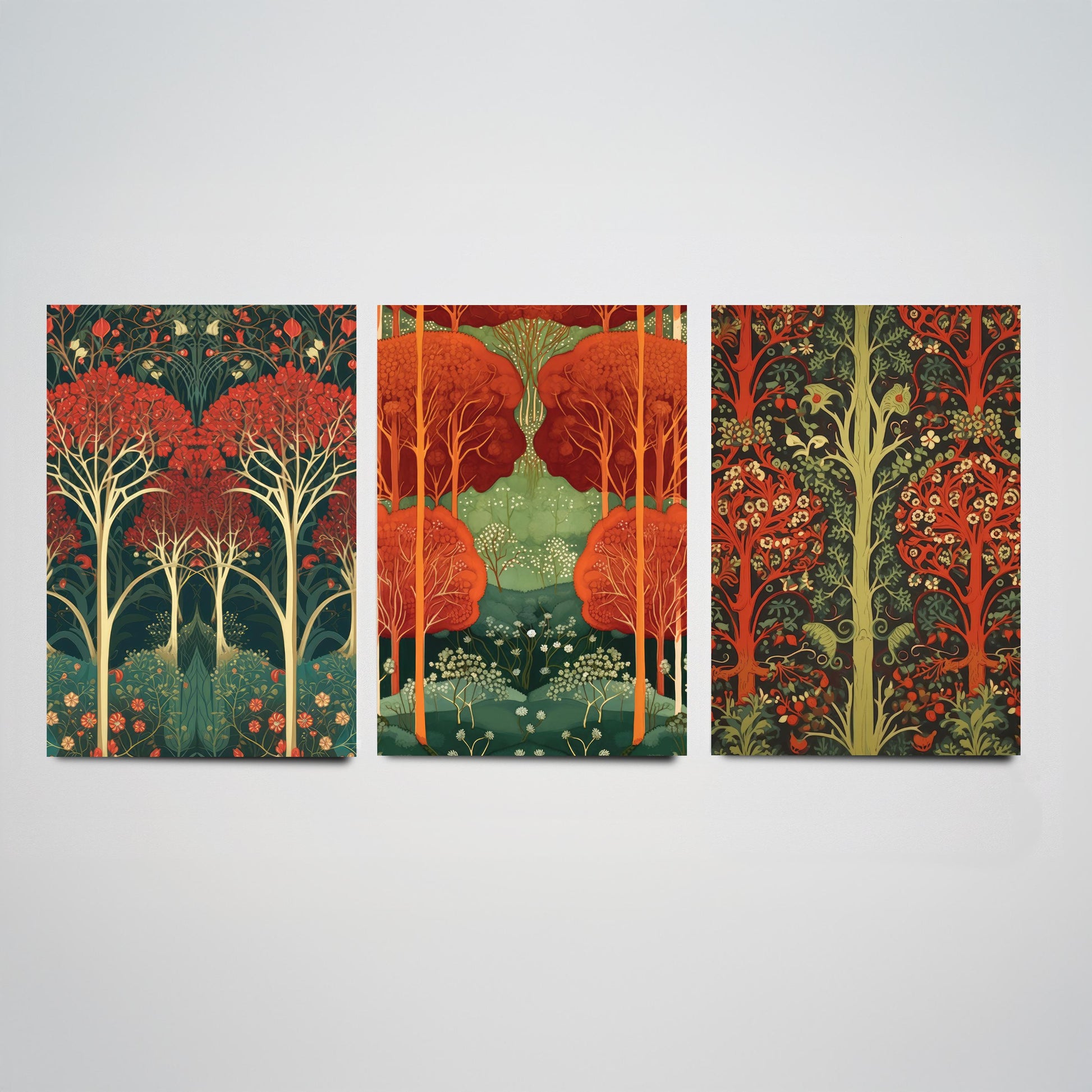 Scottish Book of the Woodlands Set of Three Art Prints - Ruby and Emerald Forest Posters - Fox Robin Bird Illustration