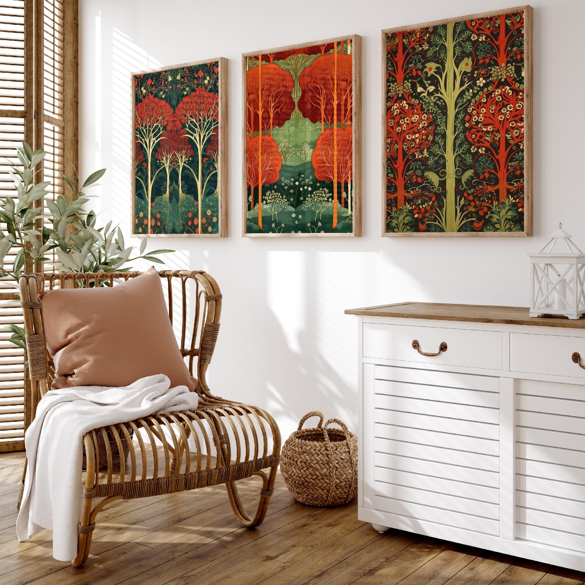 Scottish Book of the Woodlands Set of Three Art Prints - Ruby and Emerald Forest Posters - Fox Robin Bird Illustration