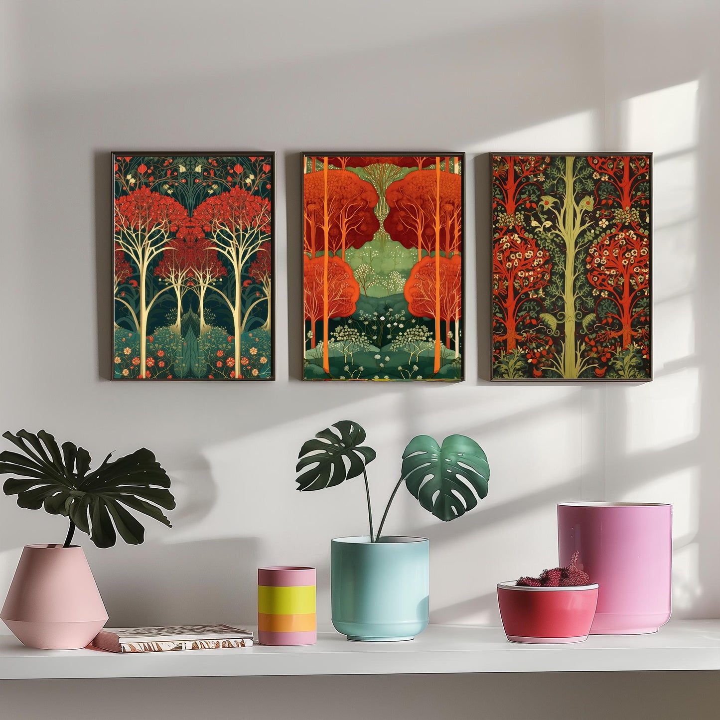 Scottish Book of the Woodlands Set of Three Art Prints - Ruby and Emerald Forest Posters - Fox Robin Bird Illustration