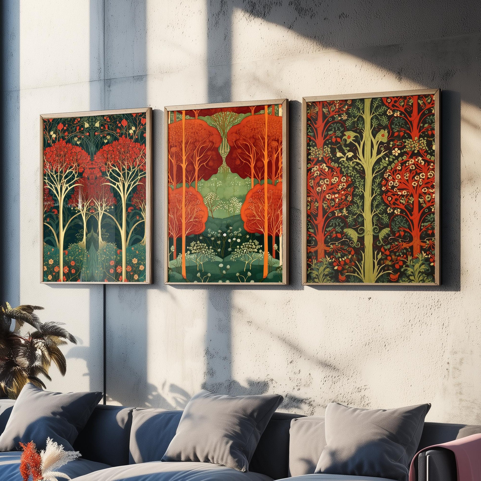 Scottish Book of the Woodlands Set of Three Art Prints - Ruby and Emerald Forest Posters - Fox Robin Bird Illustration
