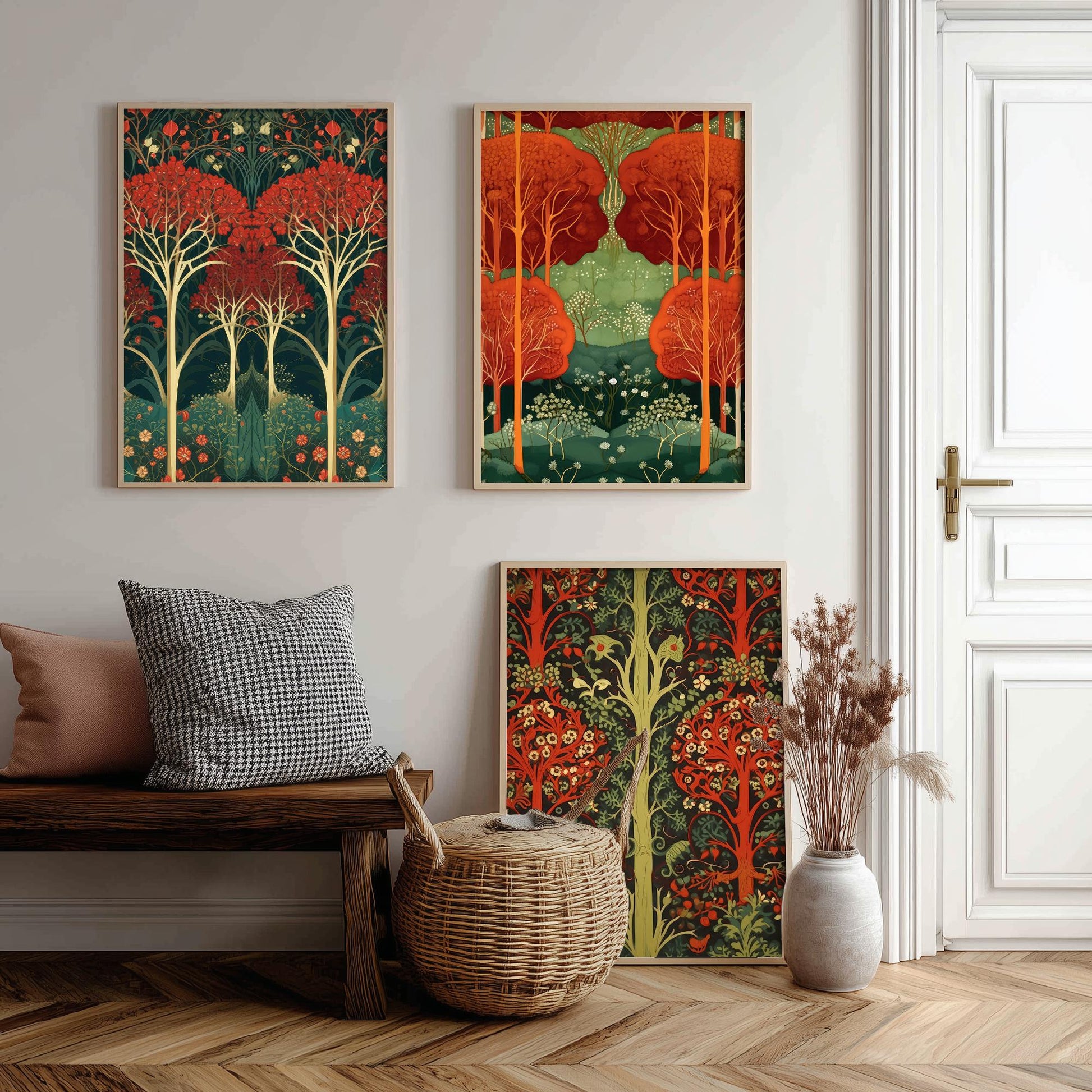 Scottish Book of the Woodlands Set of Three Art Prints - Ruby and Emerald Forest Posters - Fox Robin Bird Illustration