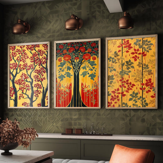 Scottish Book of the Woodlands #1 - Yellow / Red - Set of Three Paintings - 3 Forest Art Prints Poster