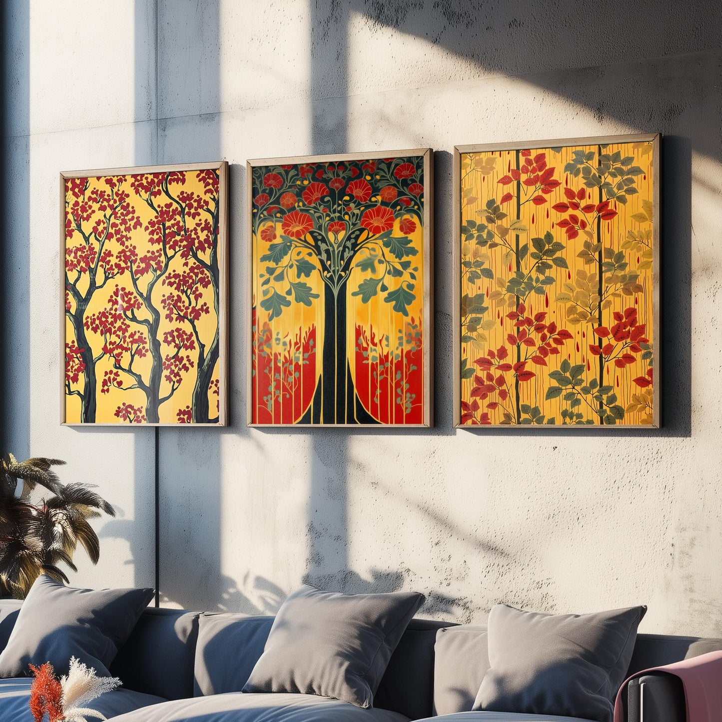Scottish Book of the Woodlands Set of Three Art Prints - Golden Tree of Life Posters - Red Blossom Oak Botanical Illustration