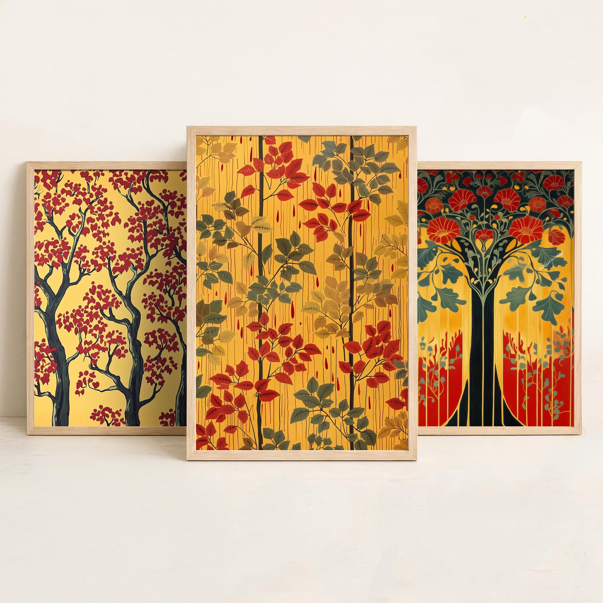 Scottish Book of the Woodlands Set of Three Art Prints - Golden Tree of Life Posters - Red Blossom Oak Botanical Illustration