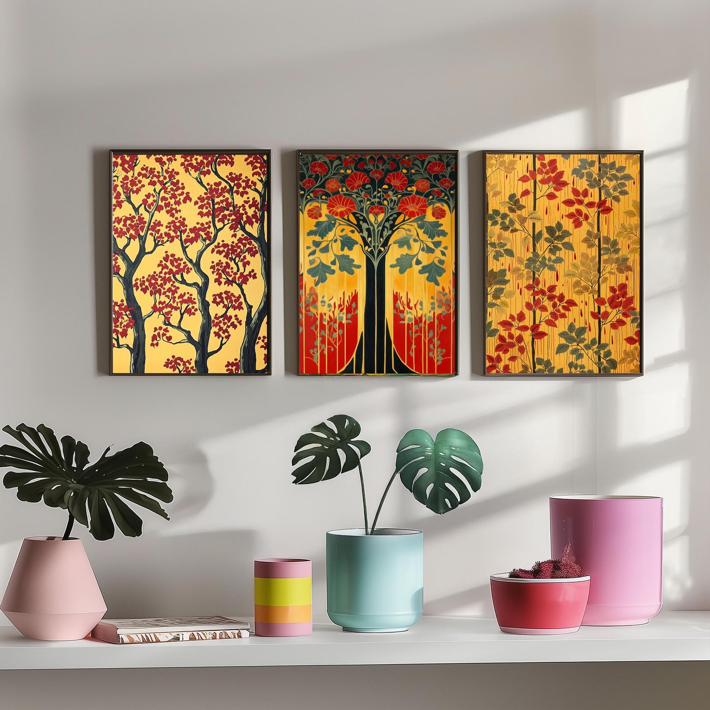 Scottish Book of the Woodlands Set of Three Art Prints - Golden Tree of Life Posters - Red Blossom Oak Botanical Illustration