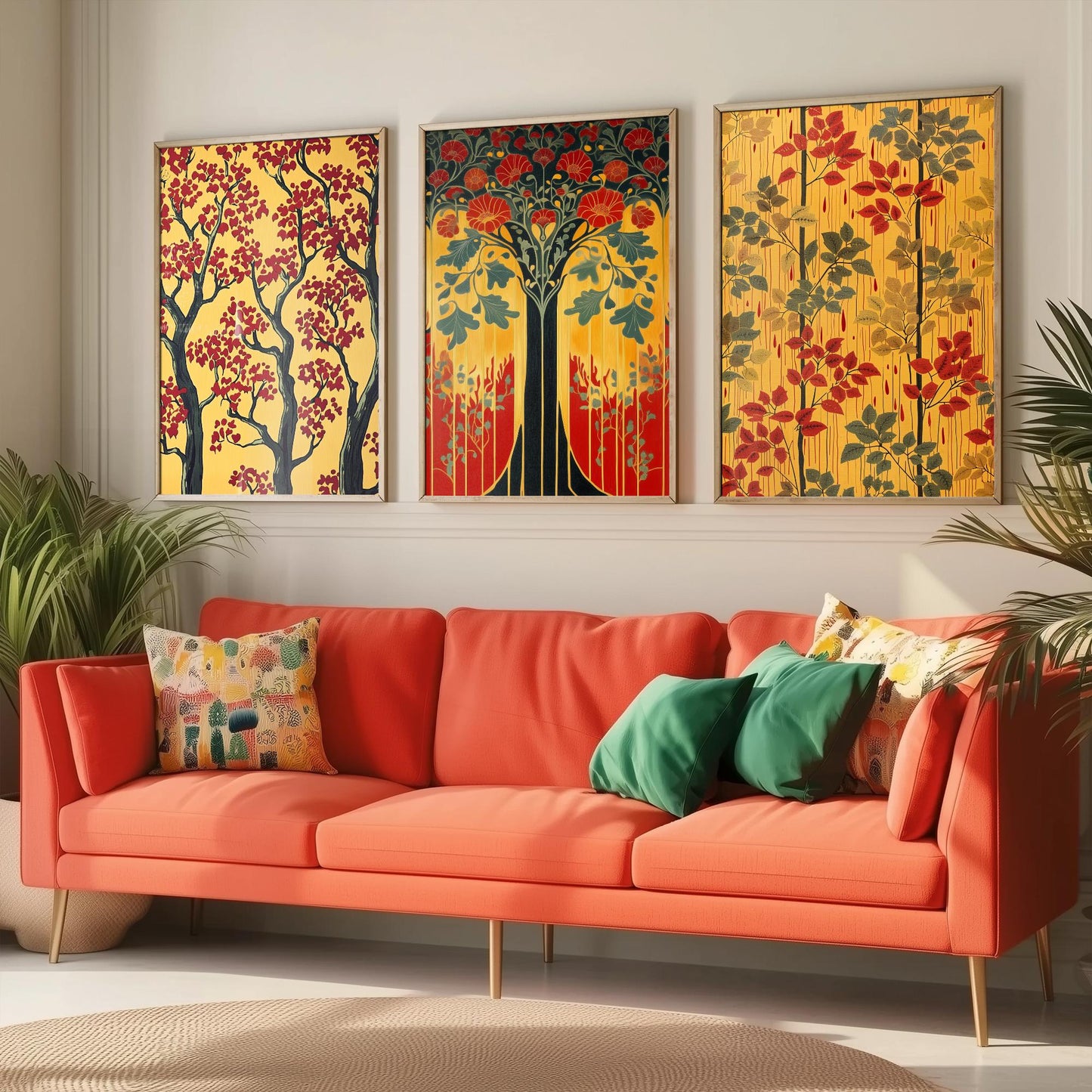 Scottish Book of the Woodlands Set of Three Art Prints - Golden Tree of Life Posters - Red Blossom Oak Botanical Illustration