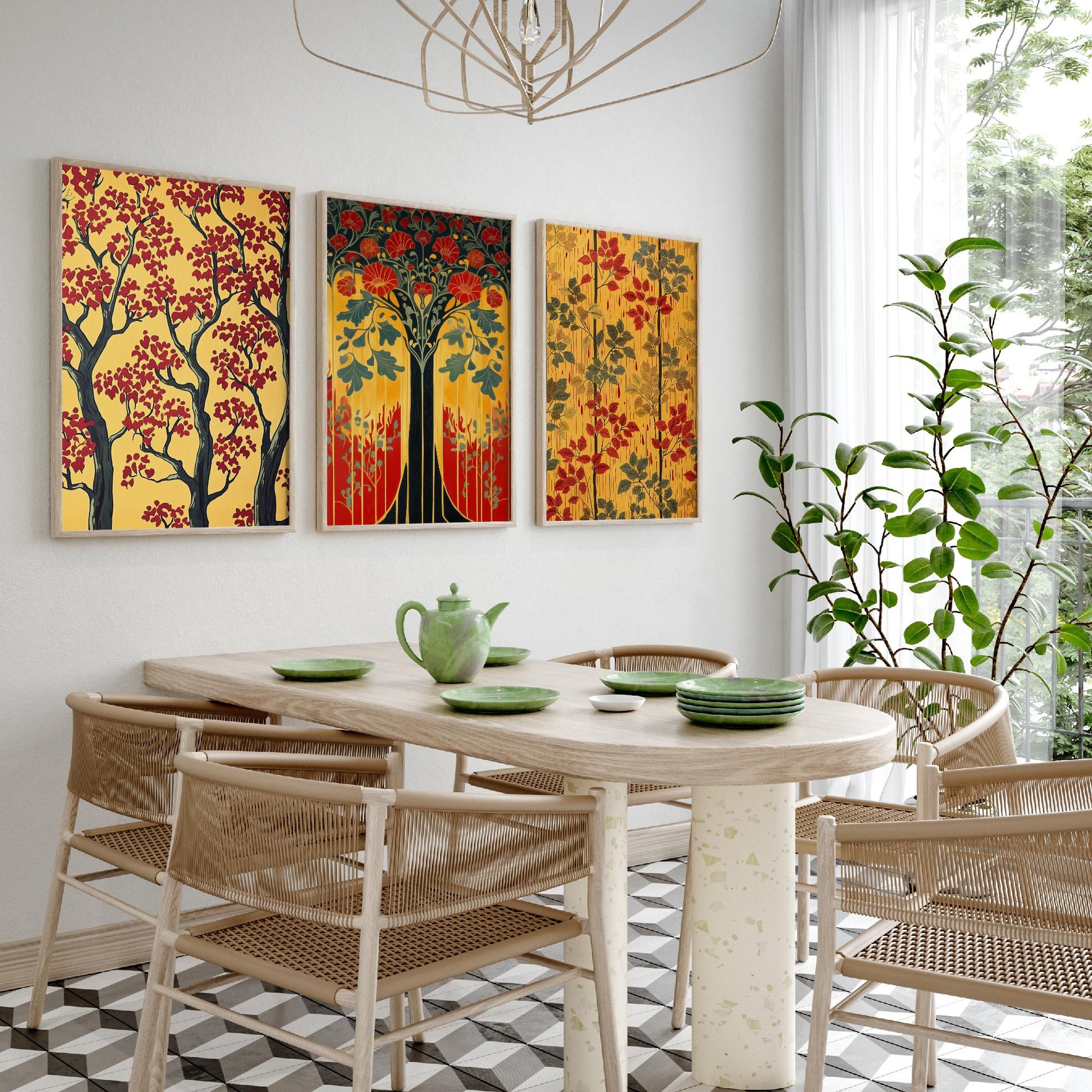 Scottish Book of the Woodlands Set of Three Art Prints - Golden Tree of Life Posters - Red Blossom Oak Botanical Illustration