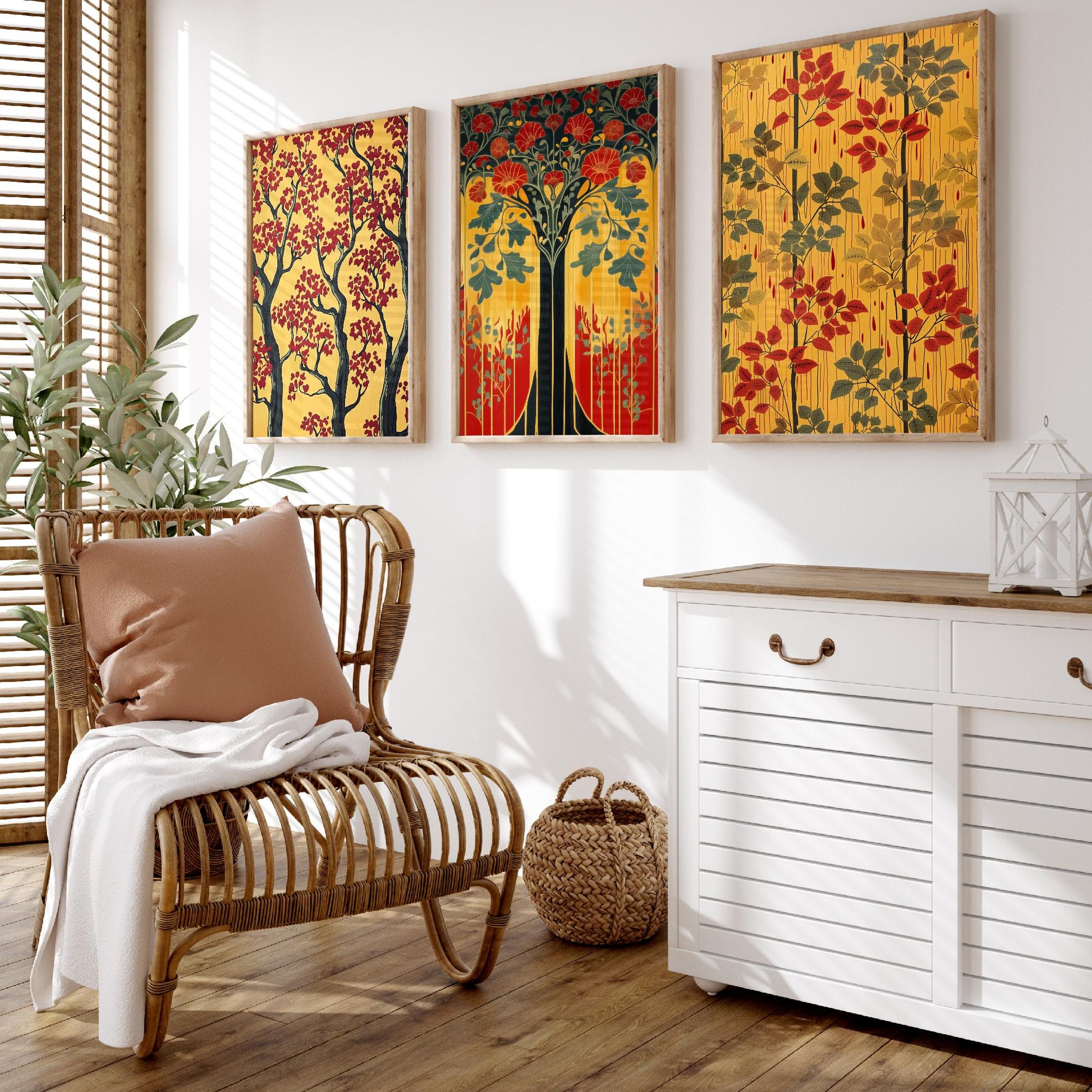 Scottish Book of the Woodlands Set of Three Art Prints - Golden Tree of Life Posters - Red Blossom Oak Botanical Illustration