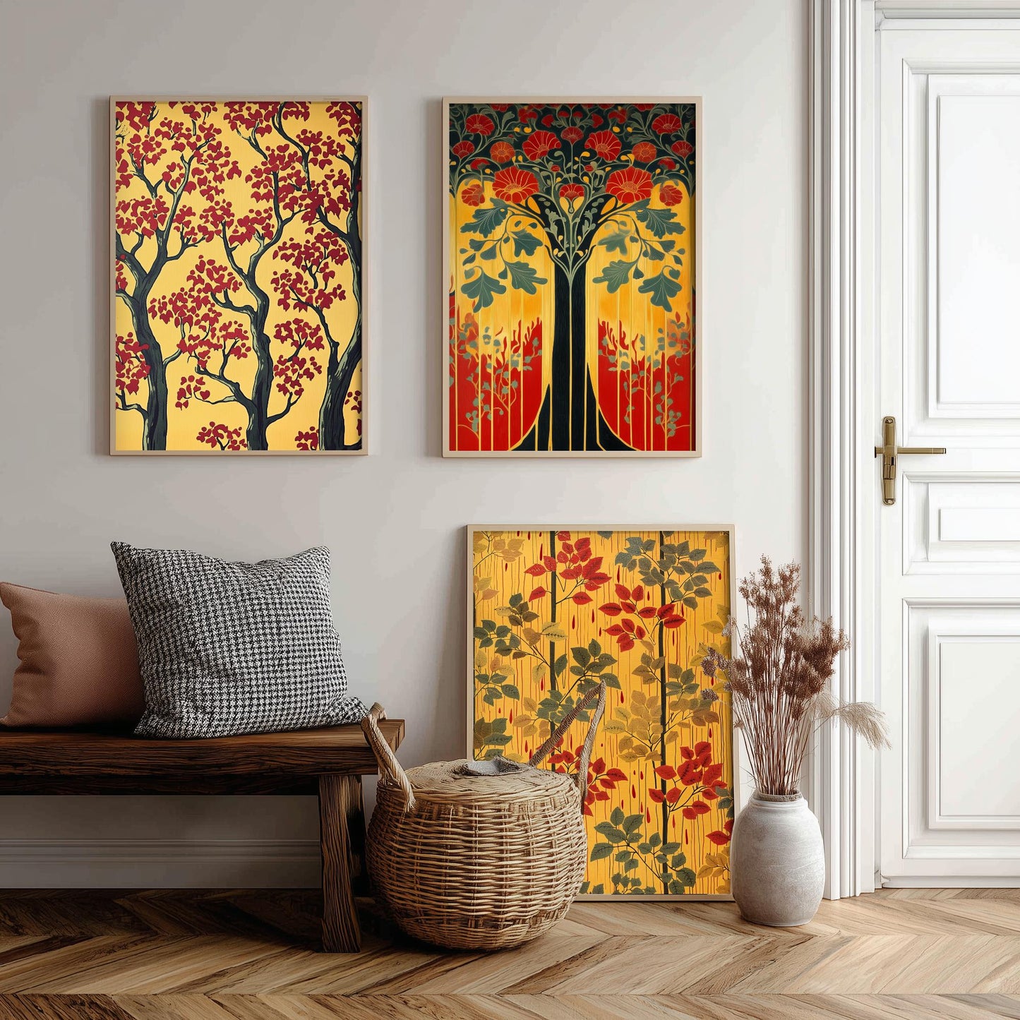 Scottish Book of the Woodlands Set of Three Art Prints - Golden Tree of Life Posters - Red Blossom Oak Botanical Illustration