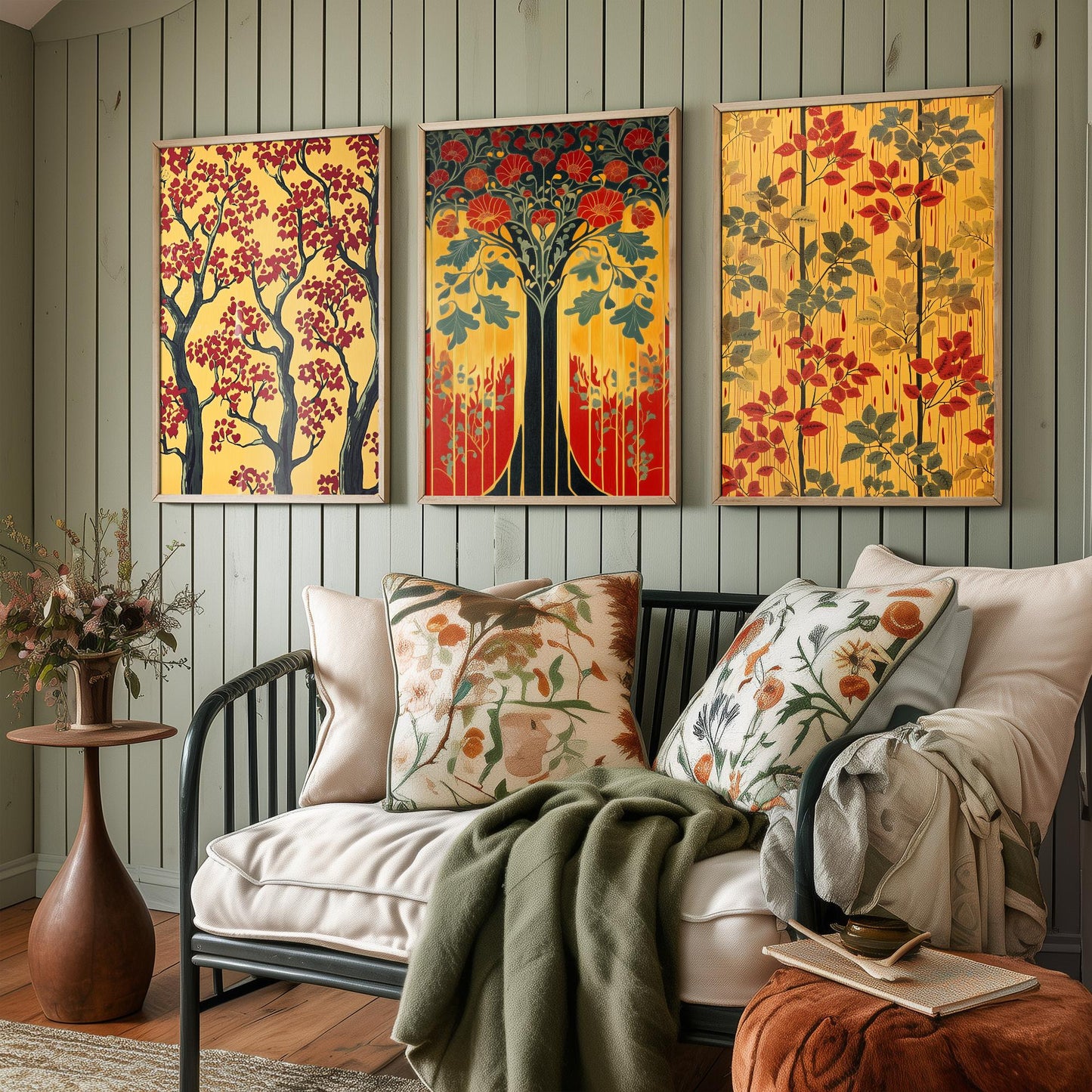 Scottish Book of the Woodlands Set of Three Art Prints - Golden Tree of Life Posters - Red Blossom Oak Botanical Illustration