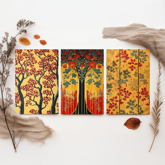 Scottish Book of the Woodlands Set of Three Art Prints - Golden Tree of Life Posters - Red Blossom Oak Botanical Illustration