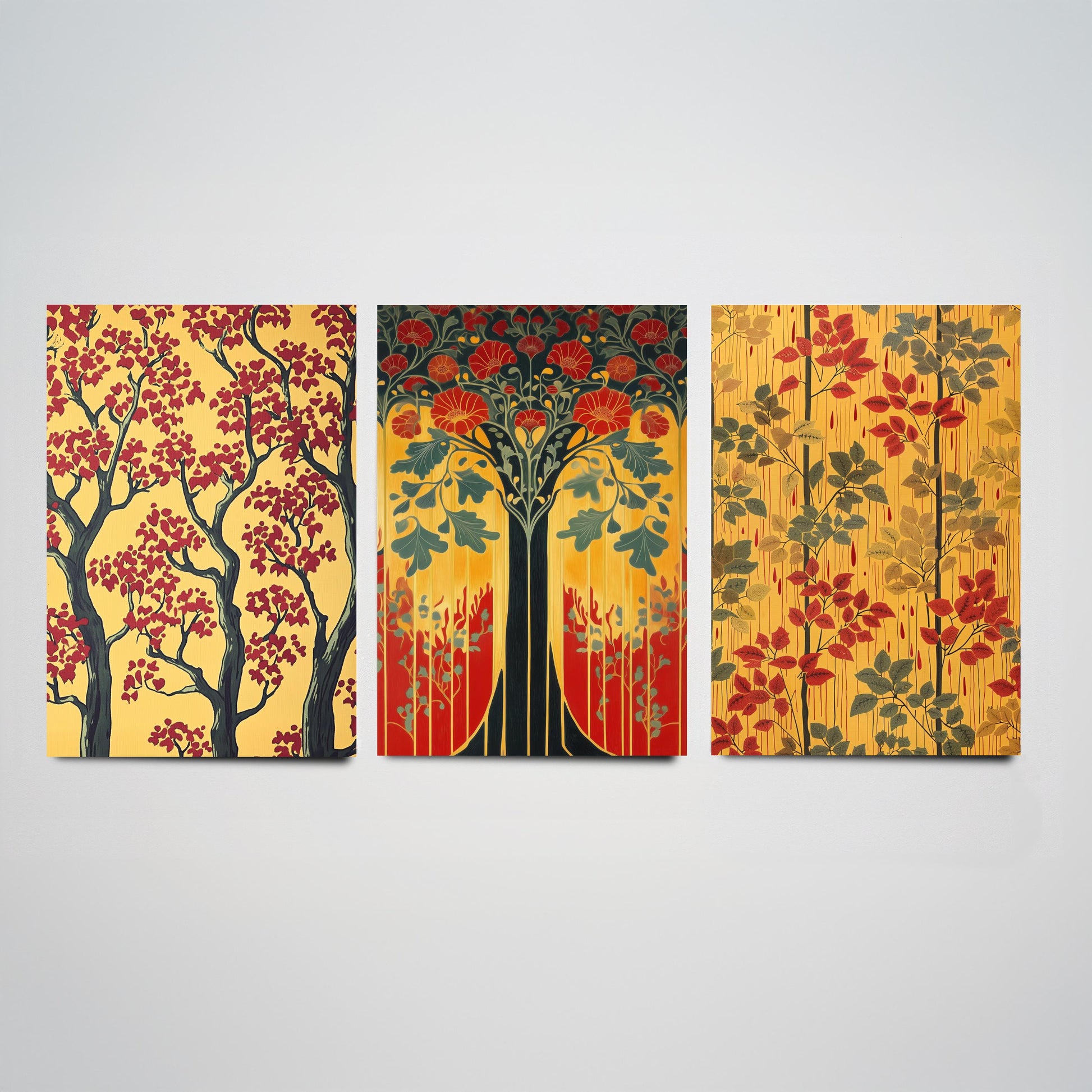 Scottish Book of the Woodlands Set of Three Art Prints - Golden Tree of Life Posters - Red Blossom Oak Botanical Illustration