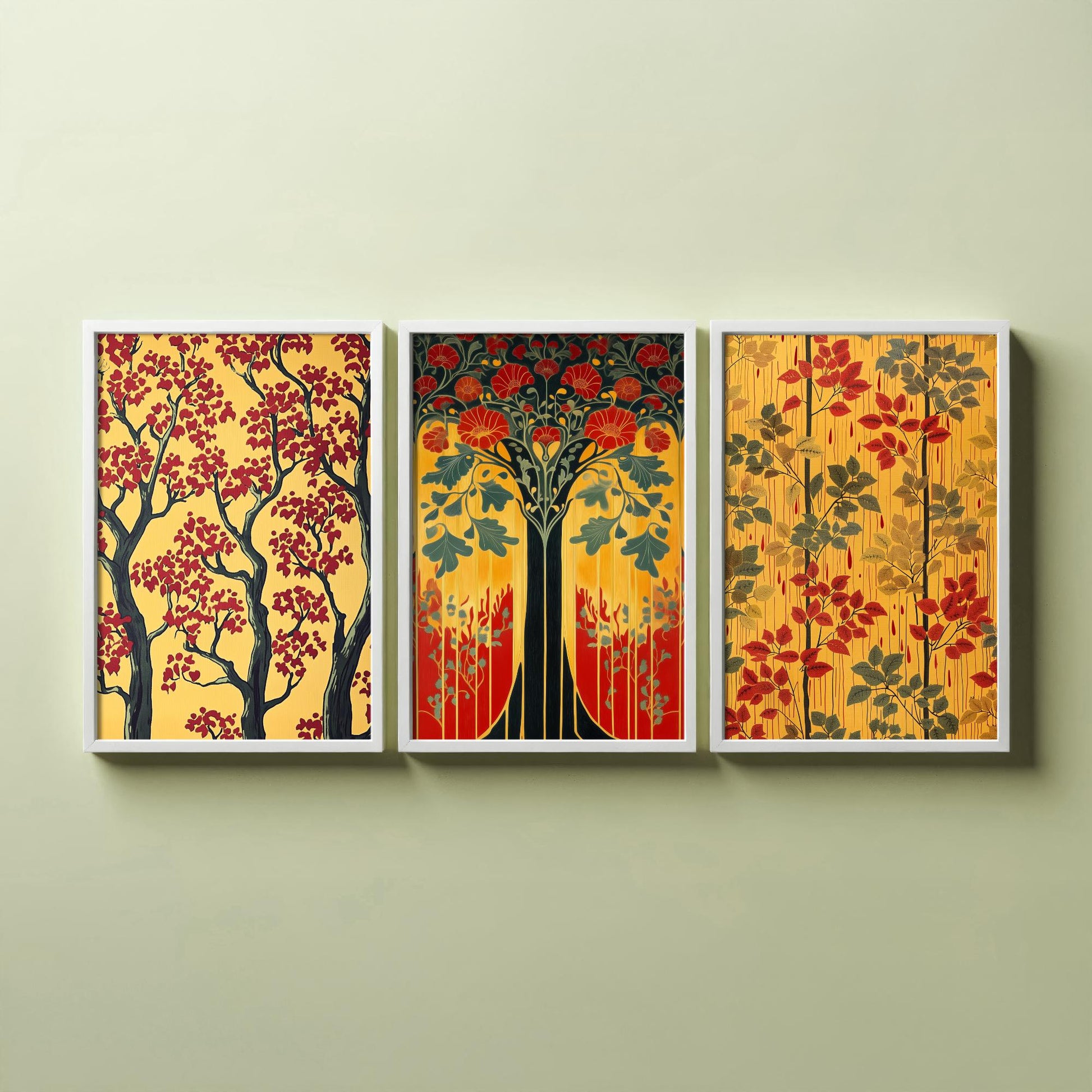 Scottish Book of the Woodlands Set of Three Art Prints - Golden Tree of Life Posters - Red Blossom Oak Botanical Illustration