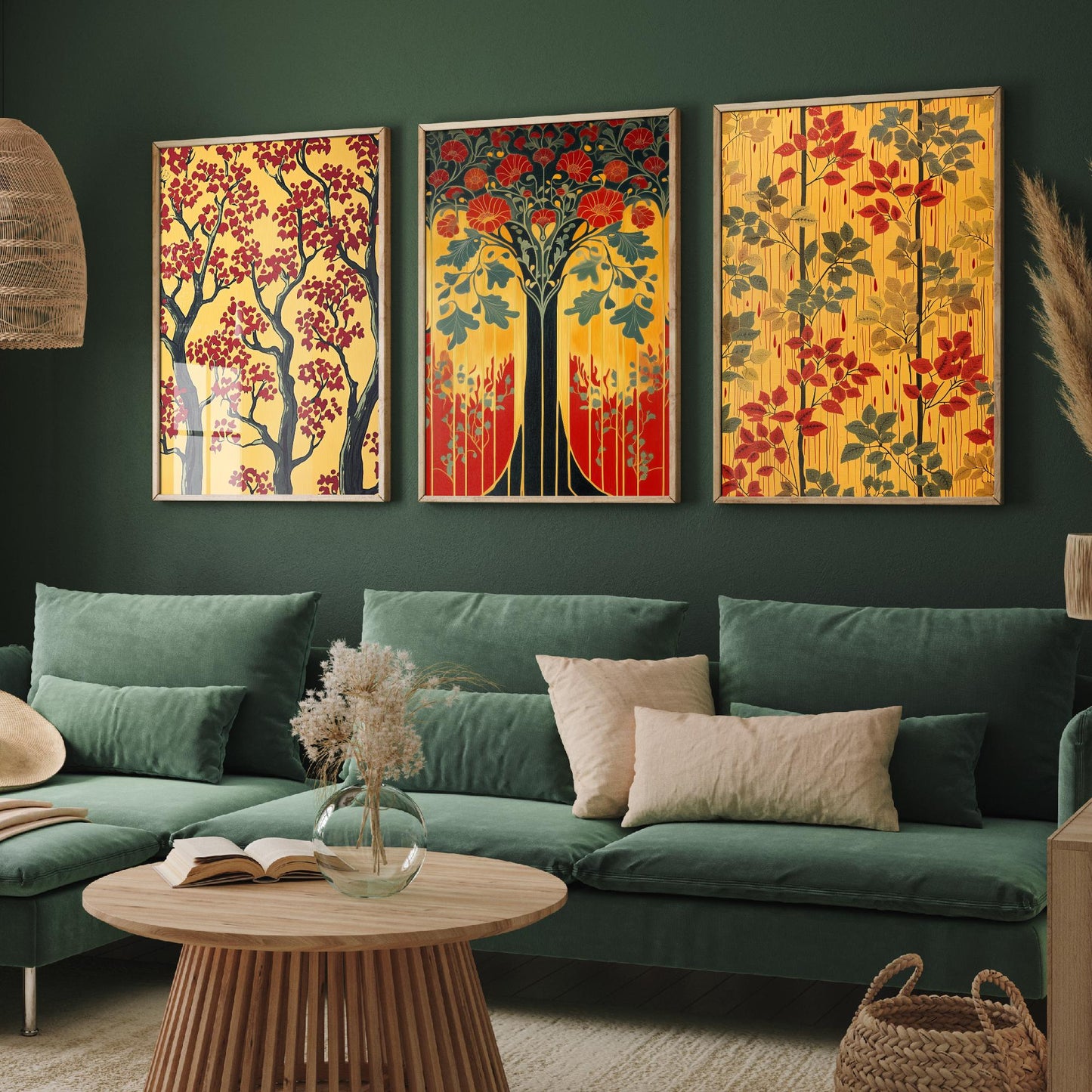 Scottish Book of the Woodlands Set of Three Art Prints - Golden Tree of Life Posters - Red Blossom Oak Botanical Illustration
