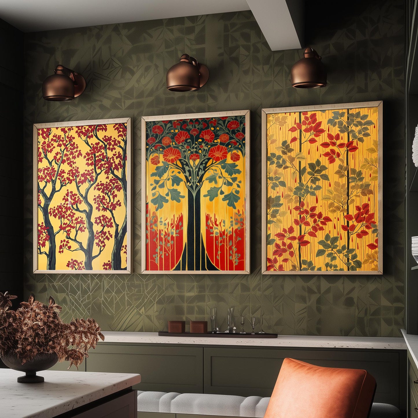Scottish Book of the Woodlands Set of Three Art Prints - Golden Tree of Life Posters - Red Blossom Oak Botanical Illustration