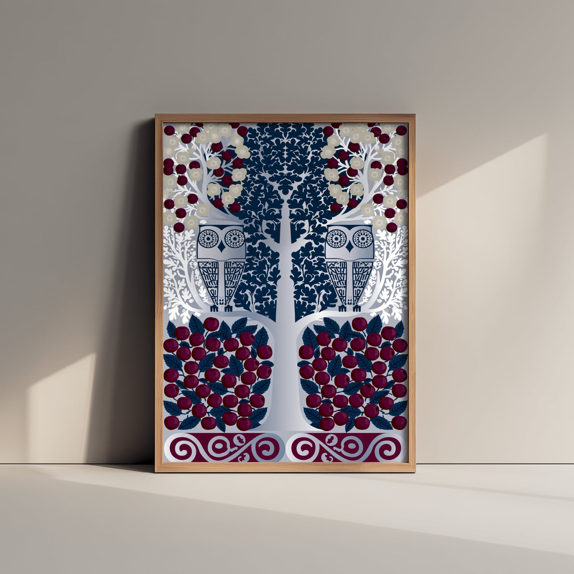 Scottish Woodland Owl Art Print - Folk Nature Poster - Decorative Illustration - Living Room Wall Art V10 1/3