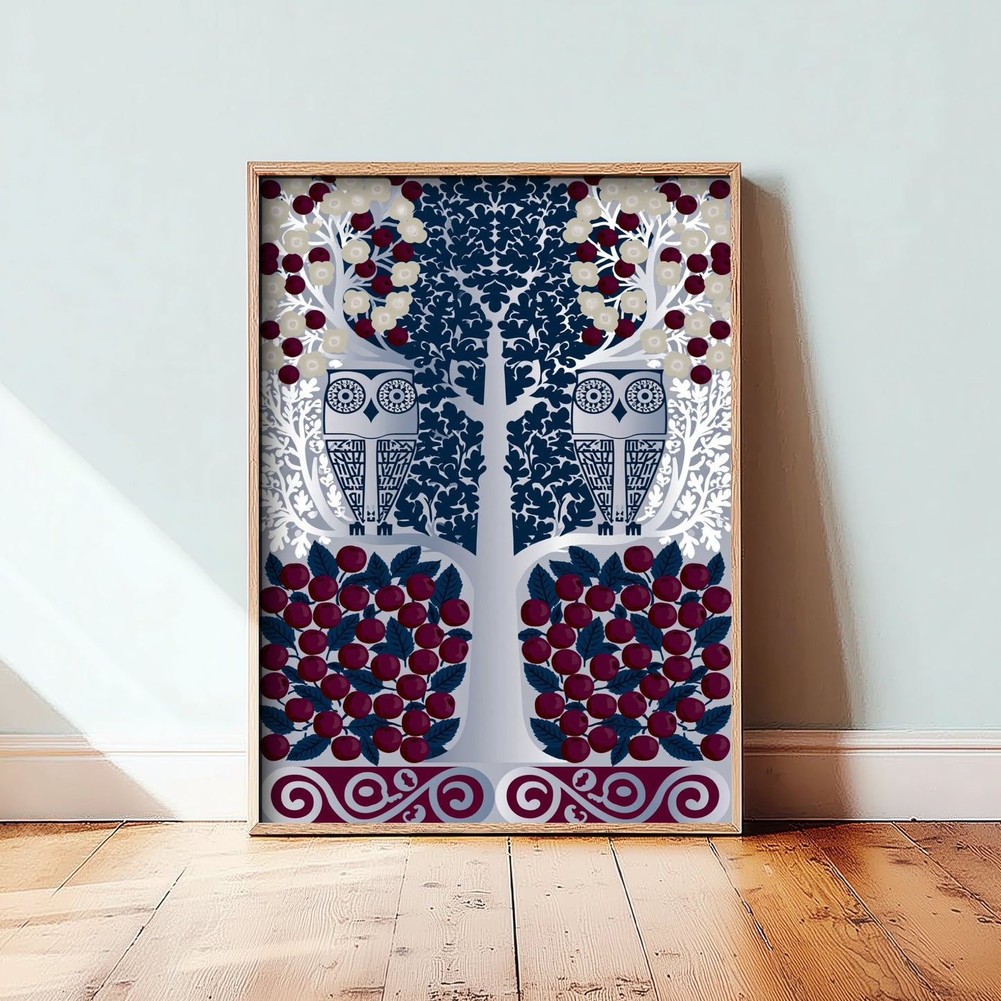 Scottish Woodland Owl Art Print - Folk Nature Poster - Decorative Illustration - Living Room Wall Art V10 1/3