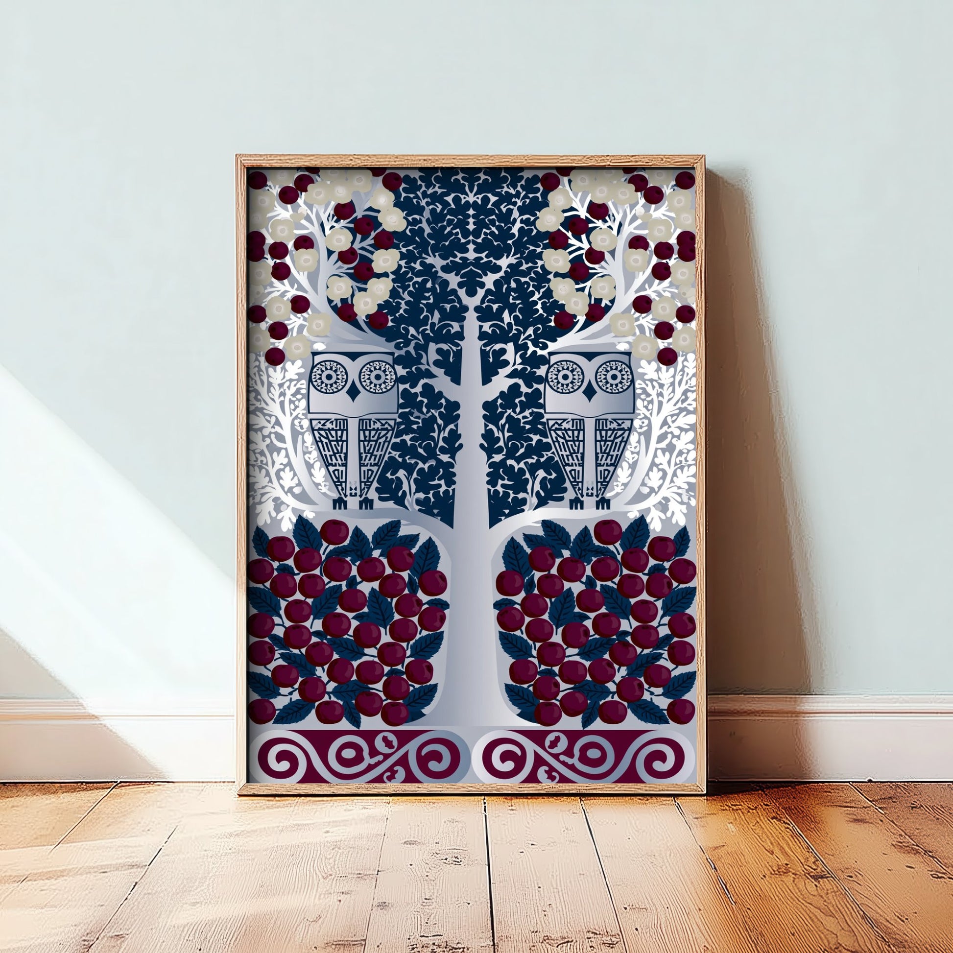 Scottish Woodland Owl Art Print - Folk Nature Poster - Decorative Illustration - Living Room Wall Art V10 1/3