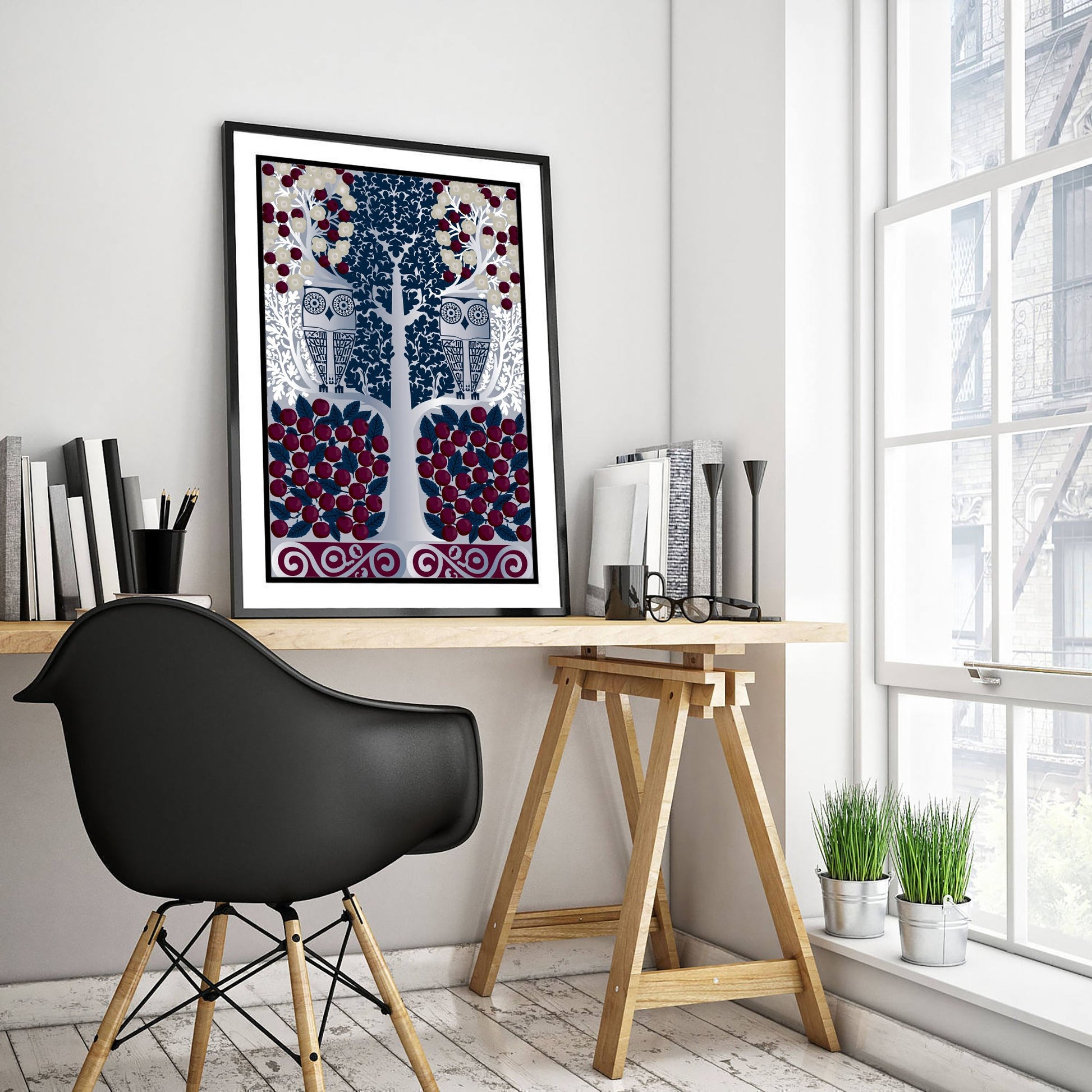Scottish Woodland Owl Art Print - Folk Nature Poster - Decorative Illustration - Living Room Wall Art V10 1/3