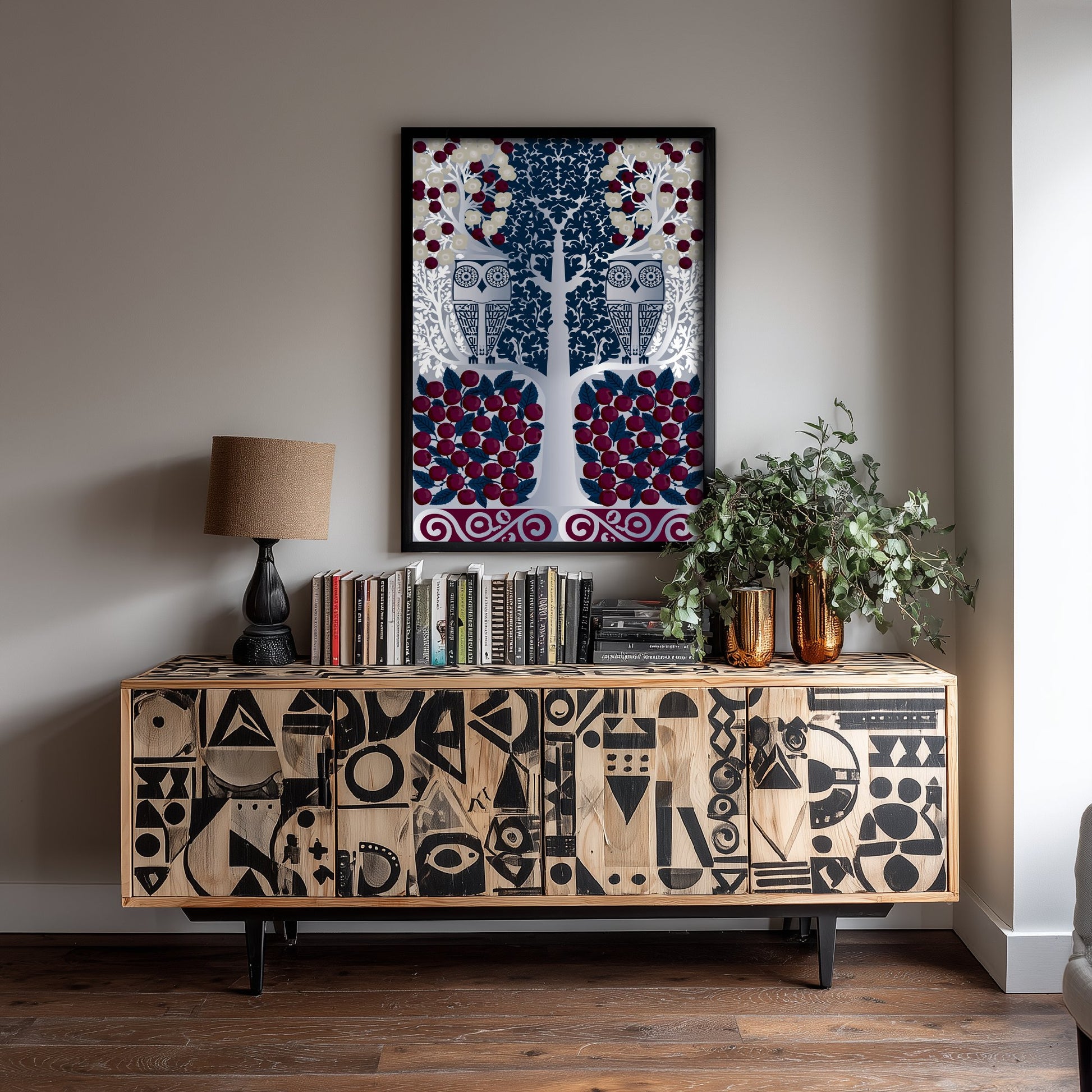 Scottish Woodland Owl Art Print - Folk Nature Poster - Decorative Illustration - Living Room Wall Art V10 1/3