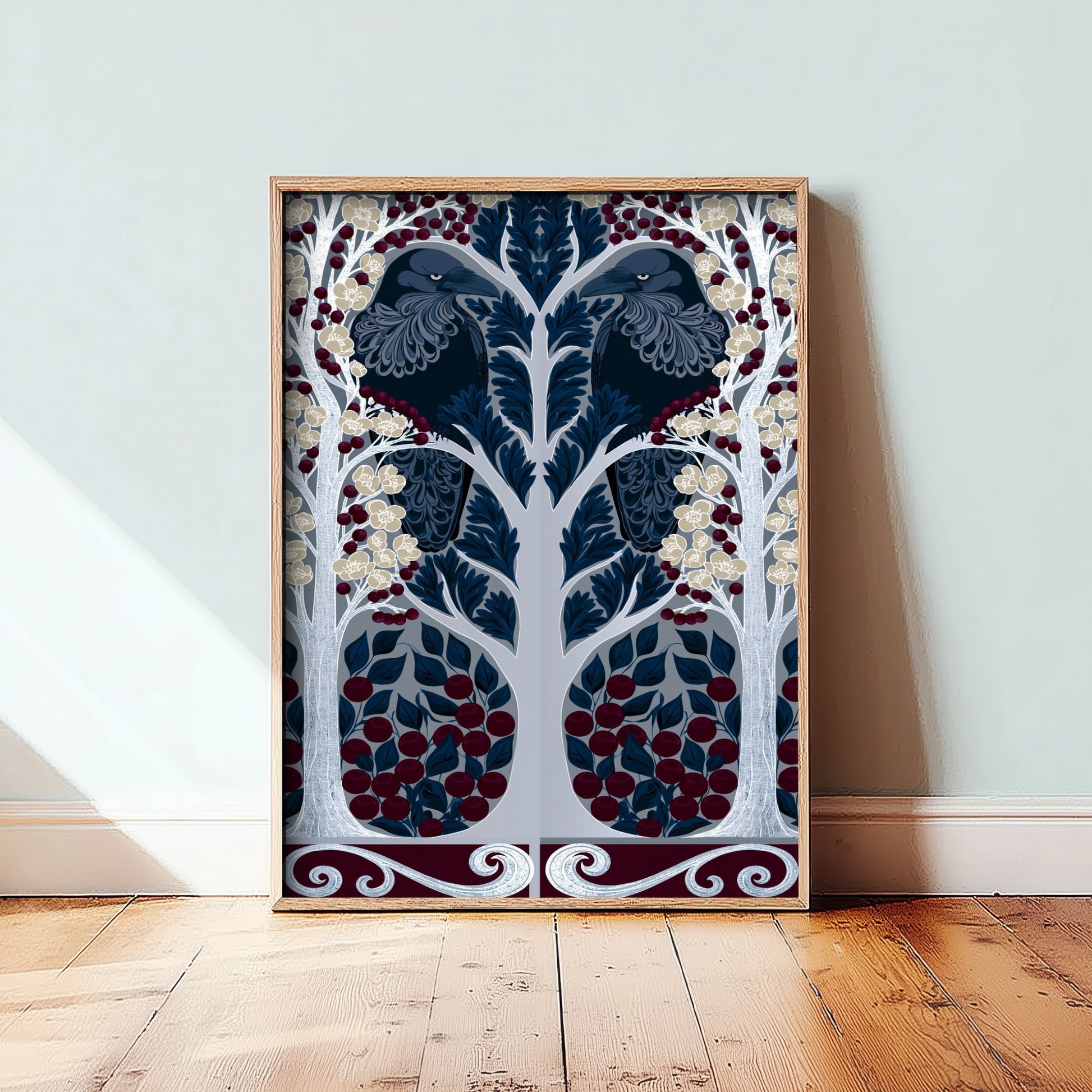Scottish Woodland Raven Art Print - Folk Nature Poster - Decorative Illustration - Living Room Wall Art V10 2/3